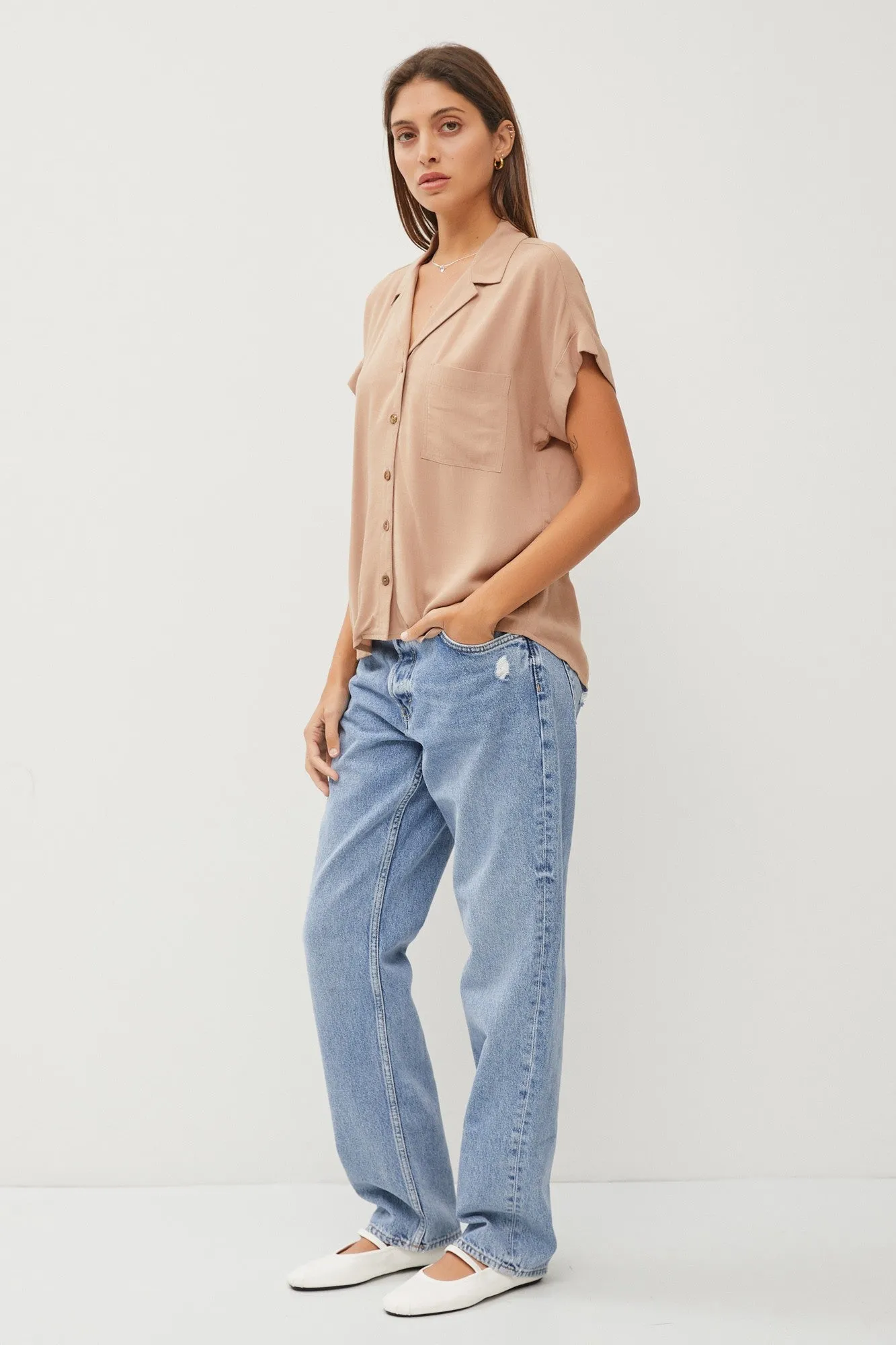 Taupe V-Neck Collared Short Sleeve Button Down Shirt sold by Pinkblush product image thumbnail 2