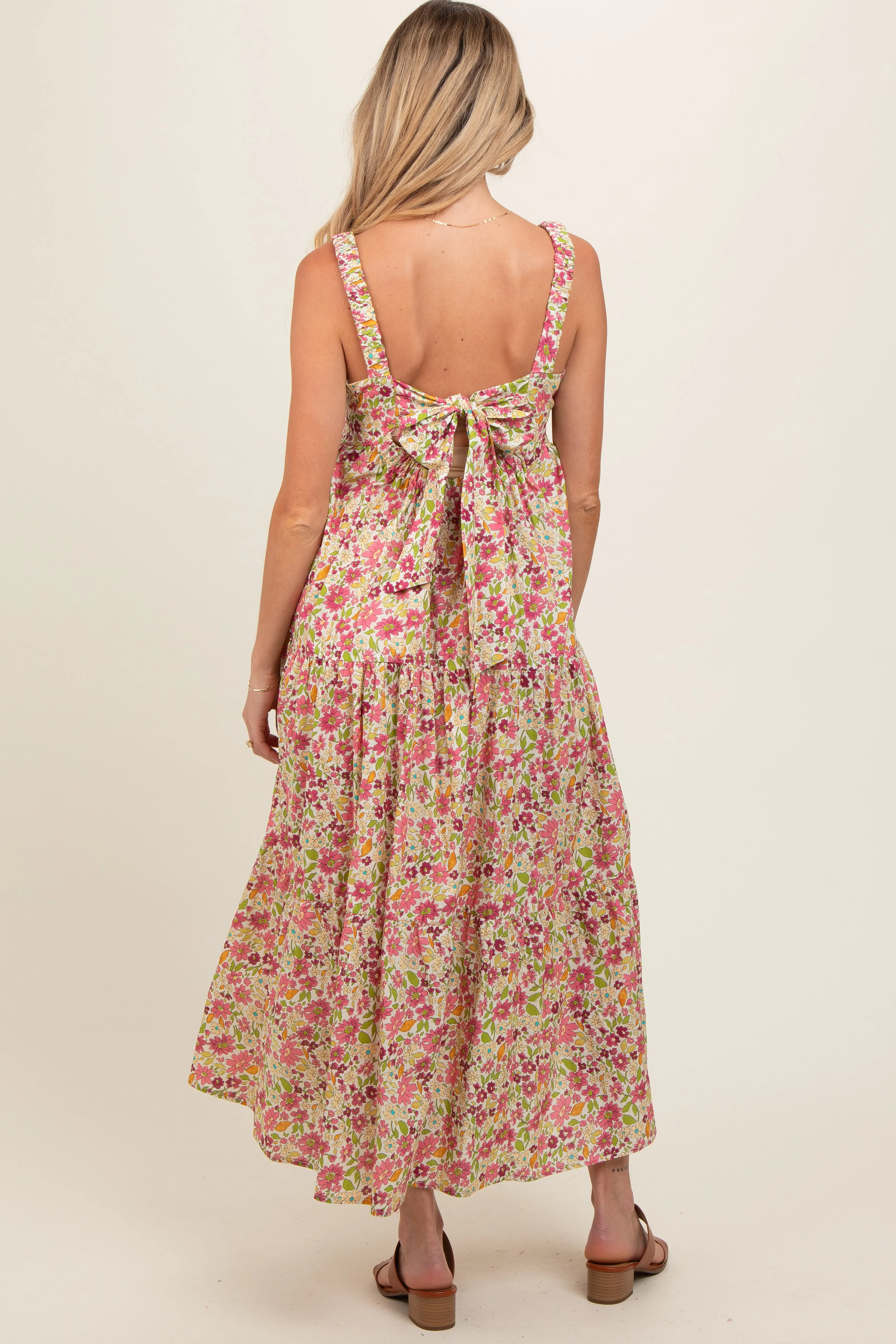 Pink Floral Square Neck Cut Out Back Tiered Maternity Maxi Dress sold by Pinkblush product image thumbnail 4