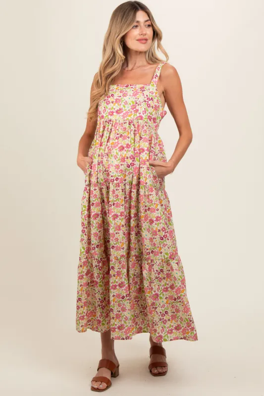 Pink Floral Square Neck Cut Out Back Tiered Maternity Maxi Dress sold by Pinkblush