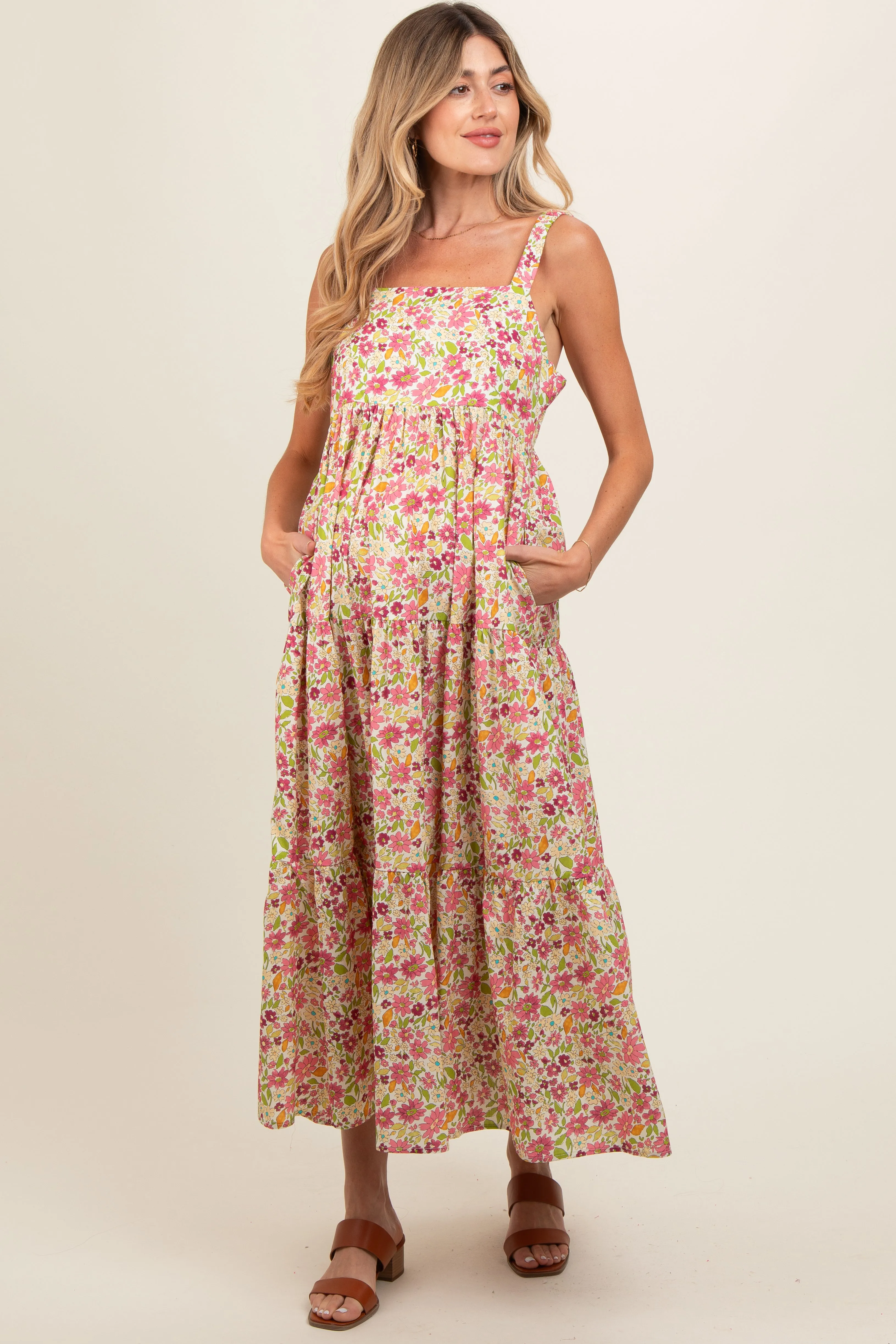 Pink Floral Square Neck Cut Out Back Tiered Maternity Maxi Dress sold by Pinkblush