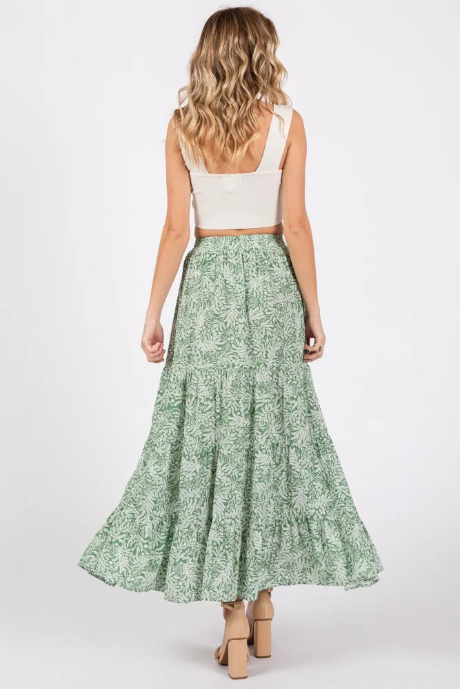 Light Olive Leaf Printed Drawstring Tiered Maxi Skirt sold by Pinkblush product image thumbnail 3