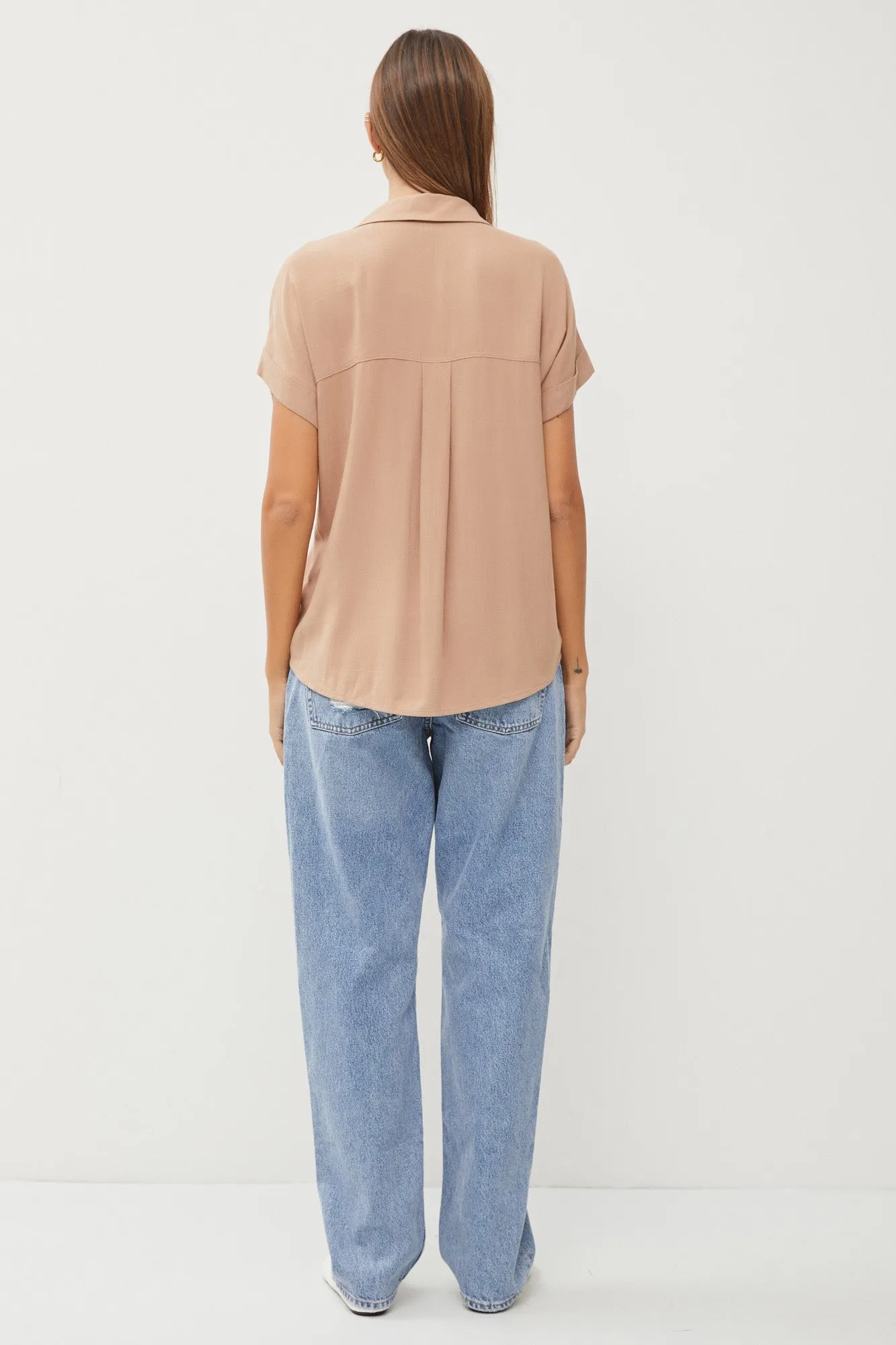 Taupe V-Neck Collared Short Sleeve Button Down Shirt sold by Pinkblush product image thumbnail 3