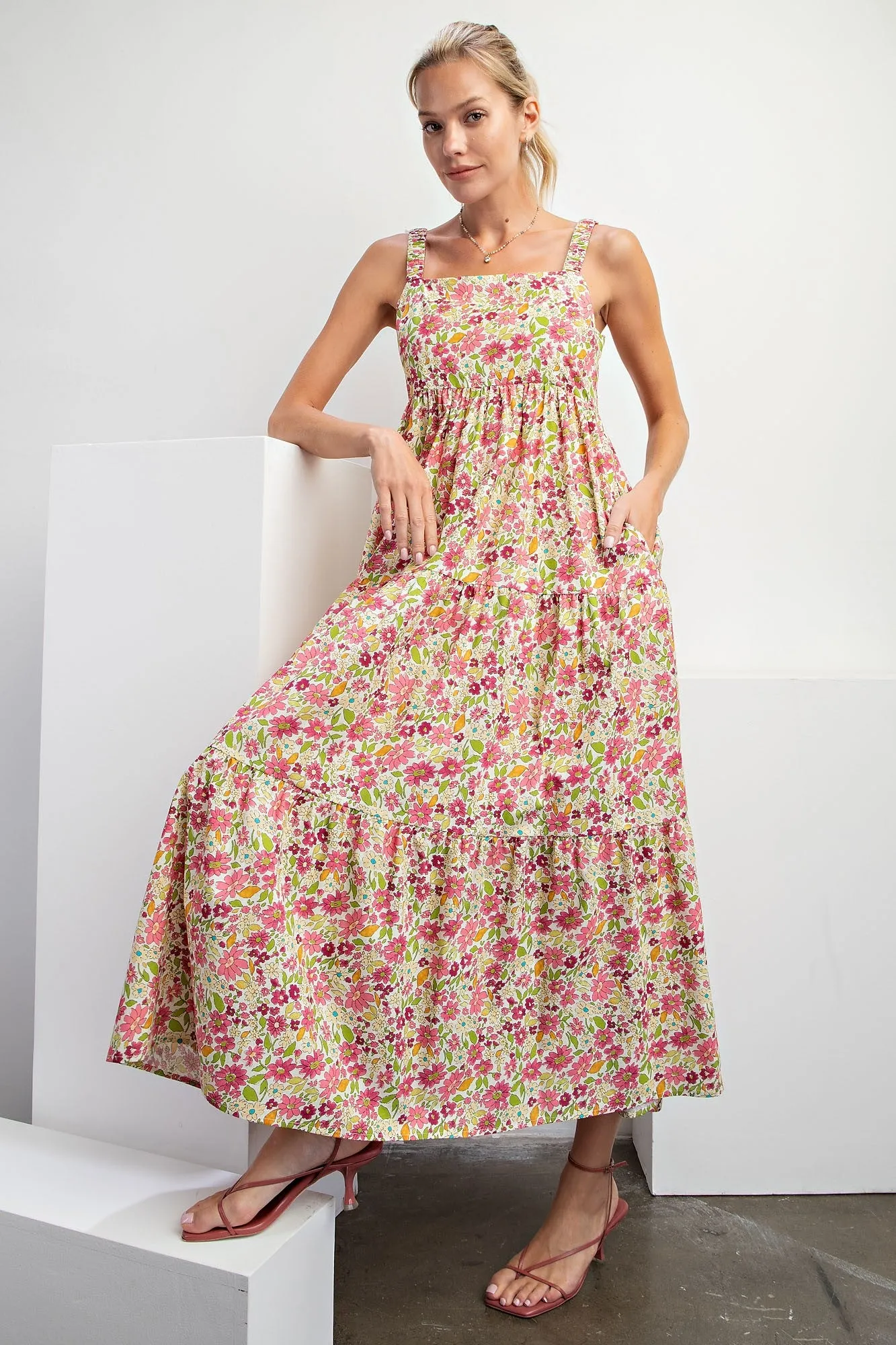 Pink Floral Square Neck Cut Out Back Tiered Maternity Maxi Dress sold by Pinkblush product image thumbnail 5