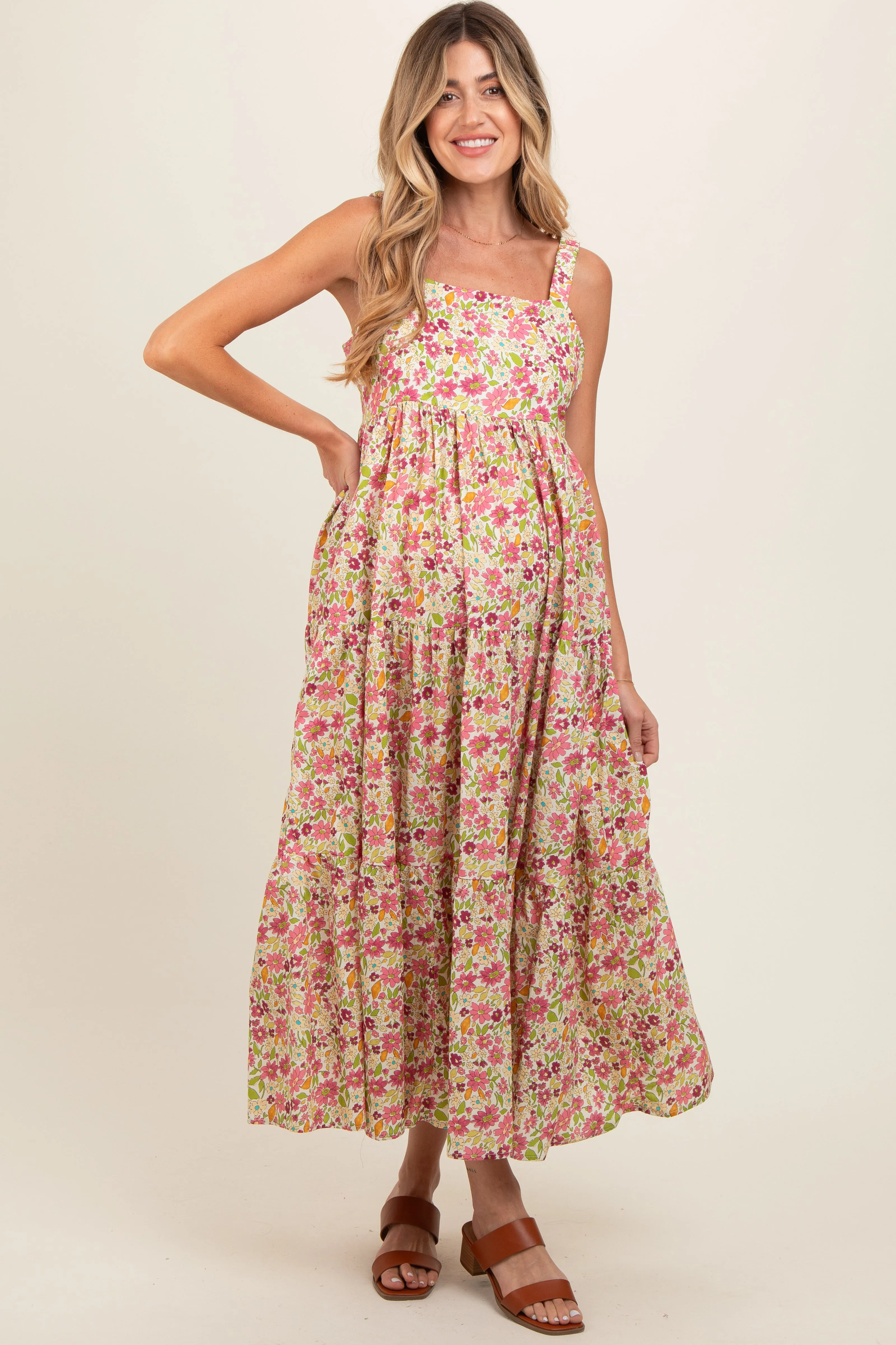 Pink Floral Square Neck Cut Out Back Tiered Maternity Maxi Dress sold by Pinkblush product image thumbnail 2