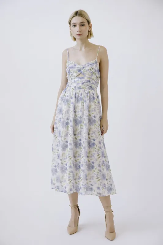 White Blue Green Floral Flared Midi Dress sold by Pinkblush