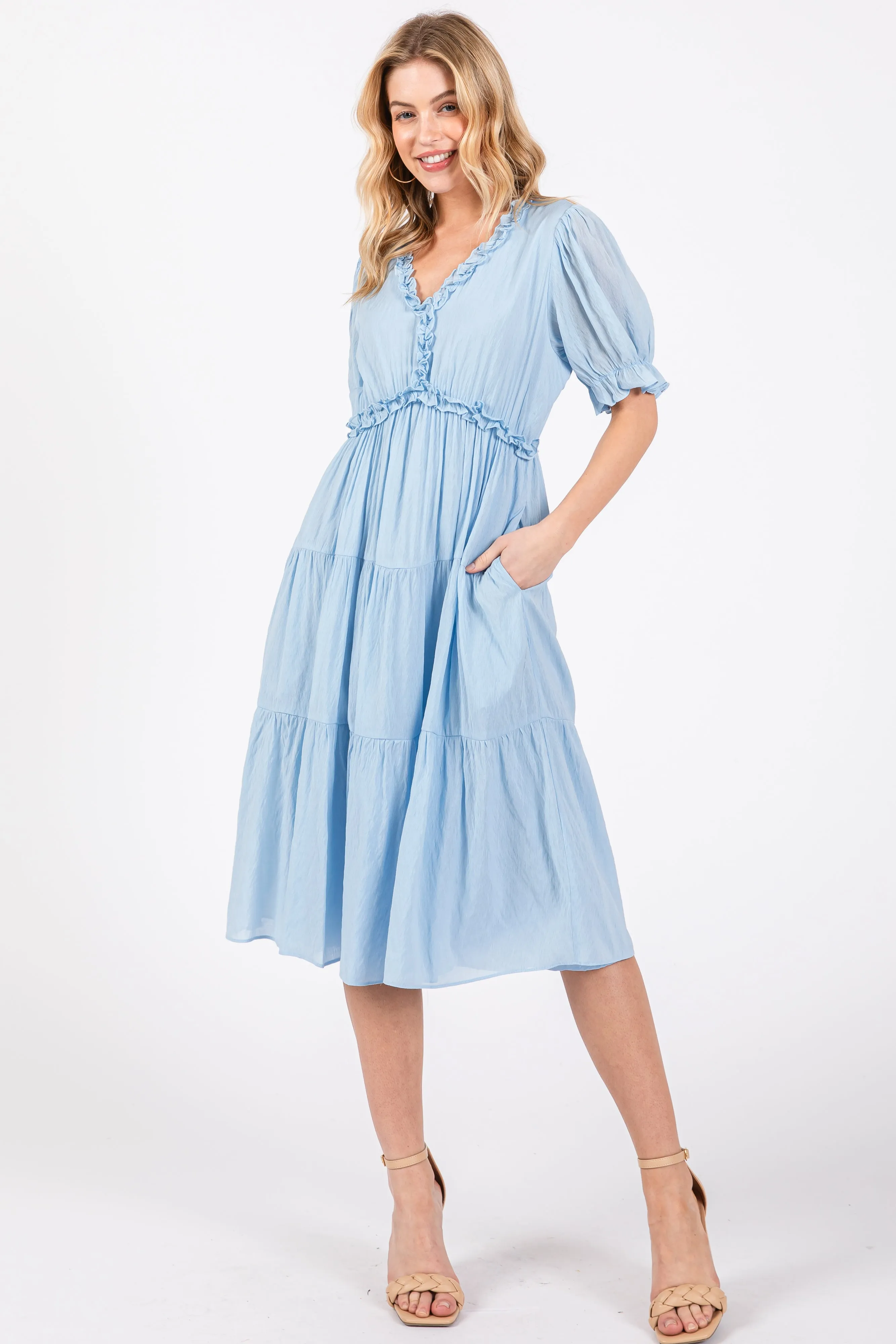 Light Blue Ruffle Trim Tiered Maternity Dress sold by Pinkblush product image thumbnail 4