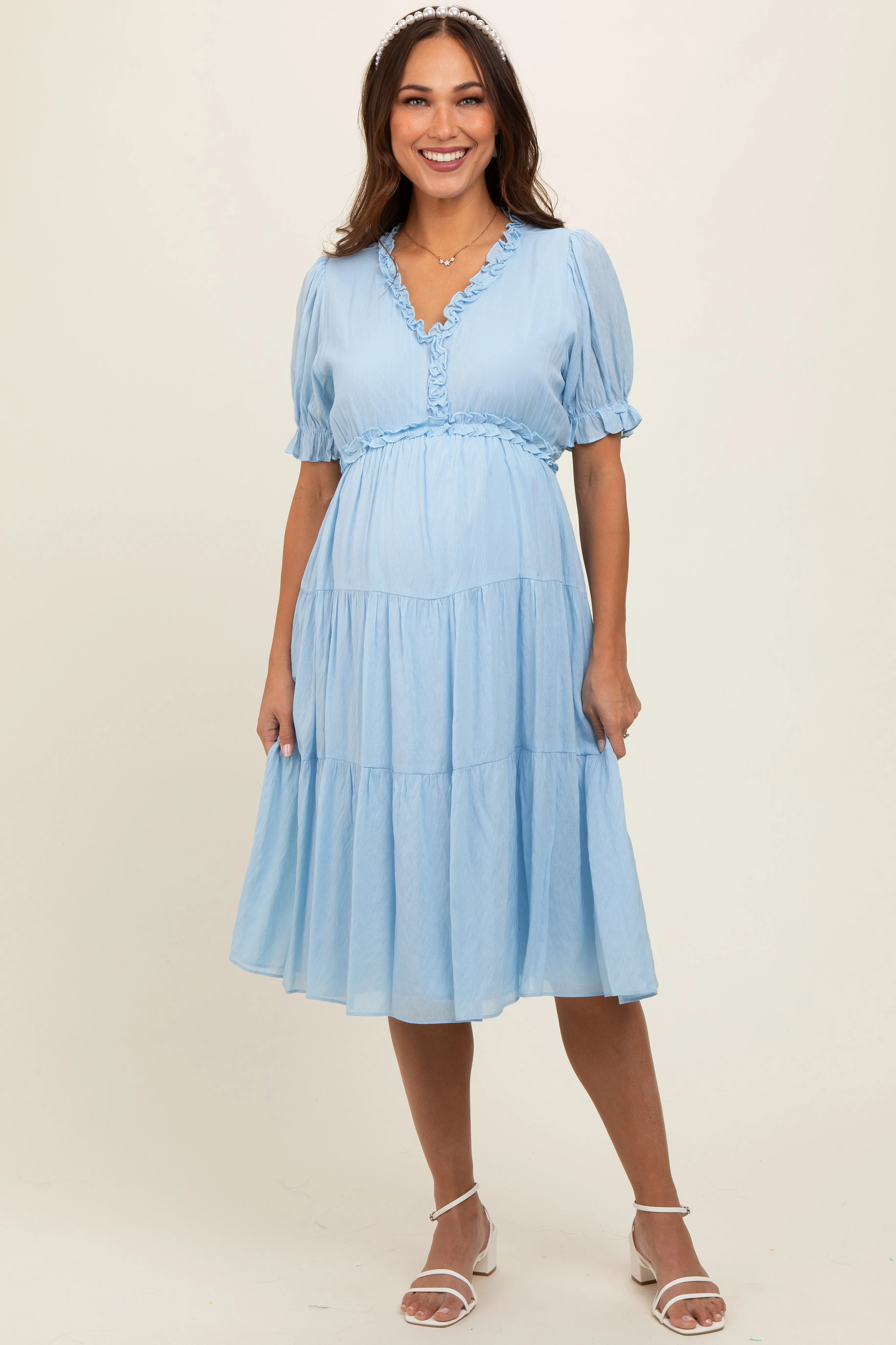 Light Blue Ruffle Trim Tiered Maternity Dress sold by Pinkblush