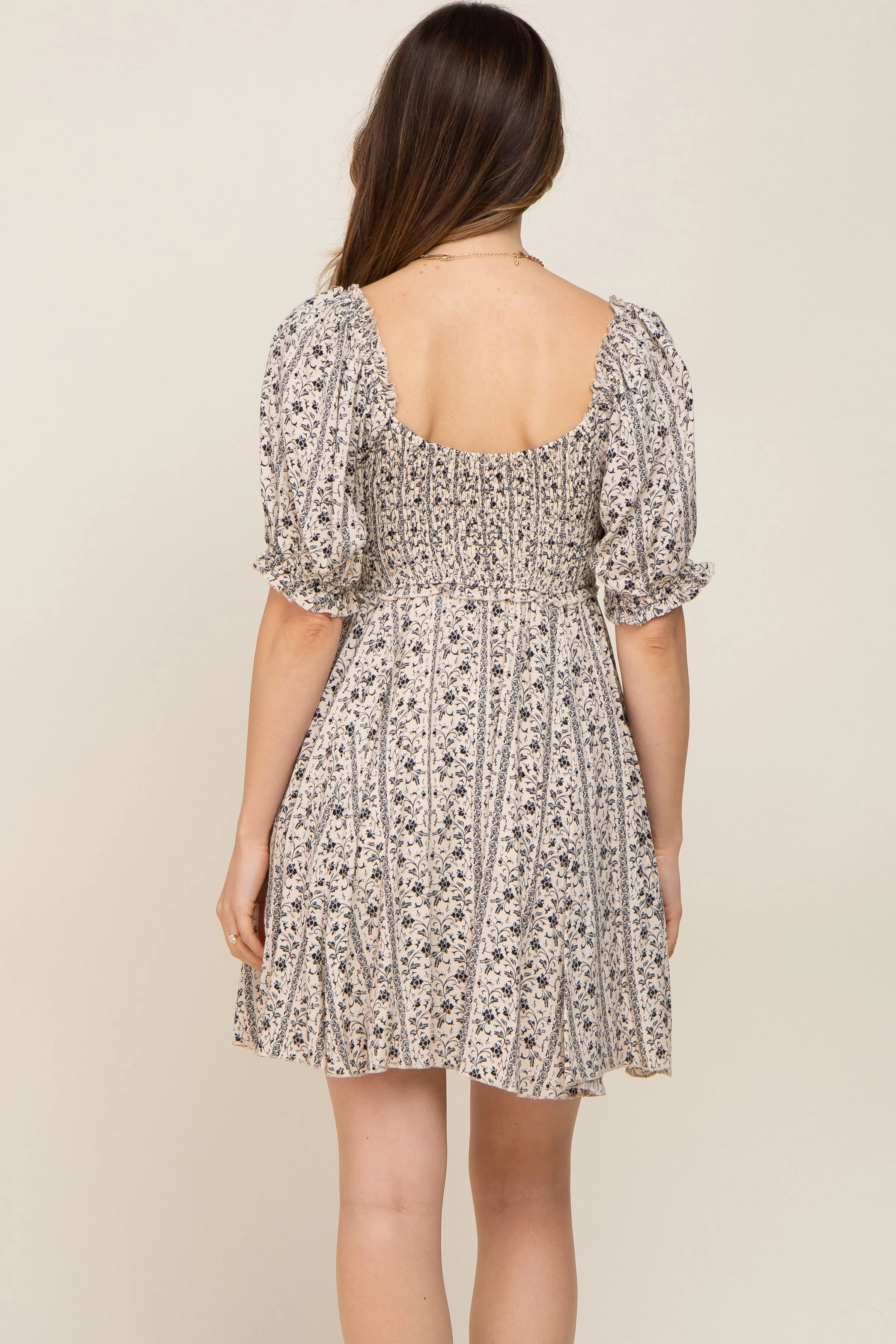 Cream Floral Puff Sleeve Smocked Maternity Mini Dress sold by Pinkblush product image thumbnail 3