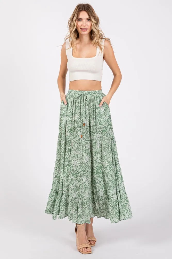 Light Olive Leaf Printed Drawstring Tiered Maxi Skirt sold by Pinkblush