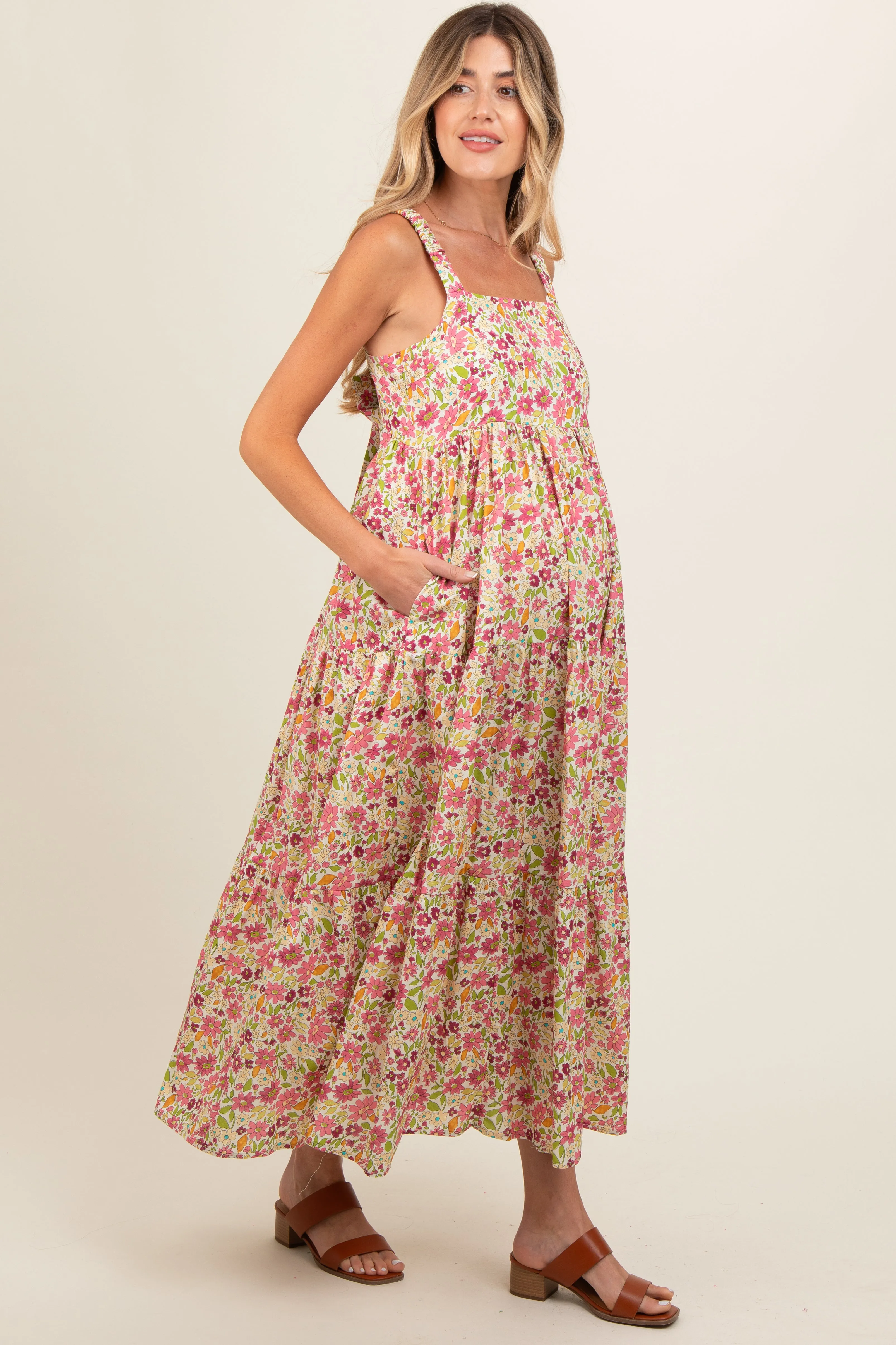 Pink Floral Square Neck Cut Out Back Tiered Maternity Maxi Dress sold by Pinkblush product image thumbnail 3