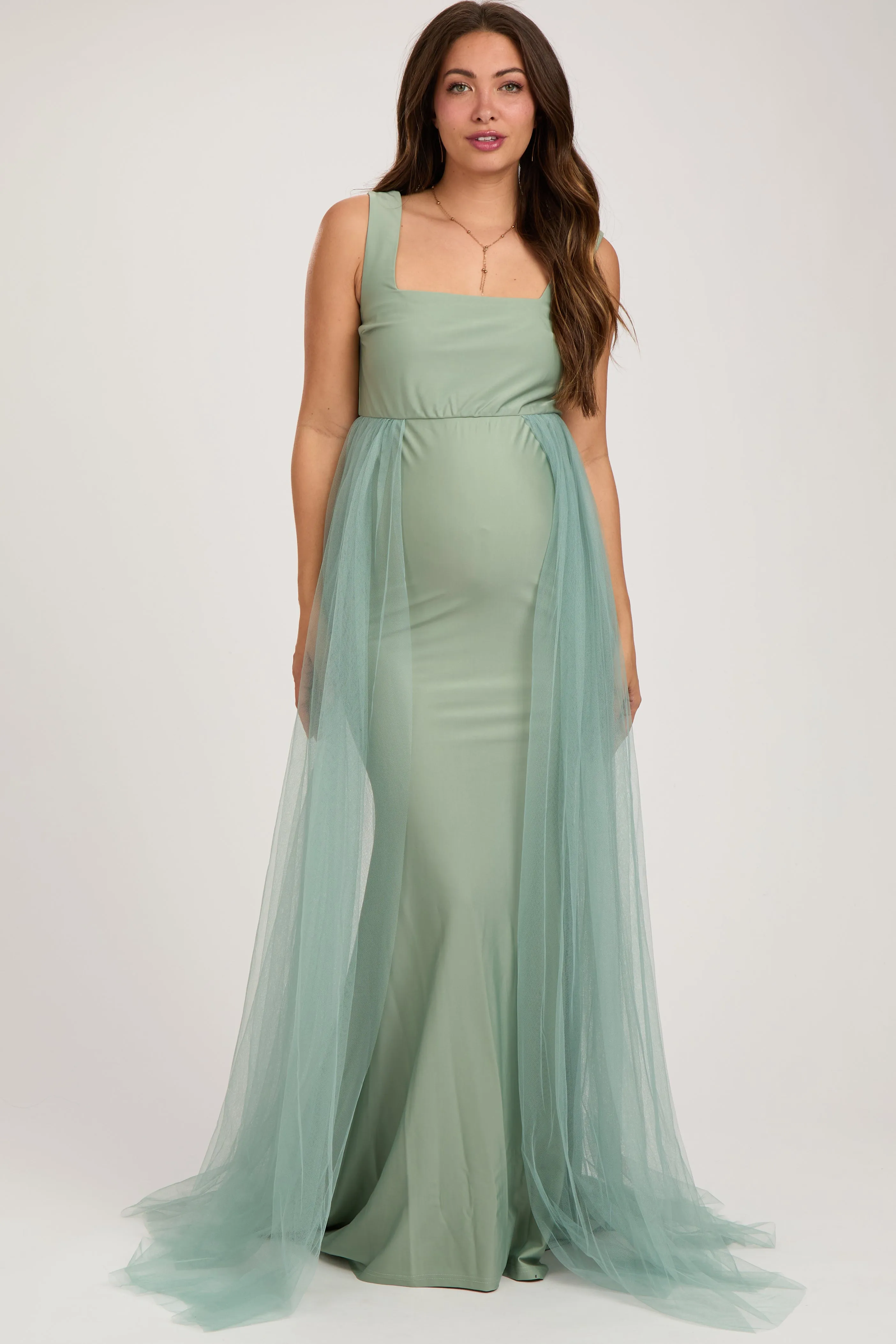 Light Olive Square Neck Tulle Maternity Maxi Dress sold by Pinkblush