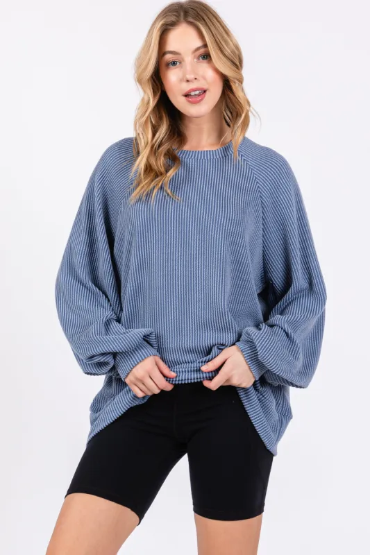Blue Ribbed Long Sleeve Top sold by Pinkblush