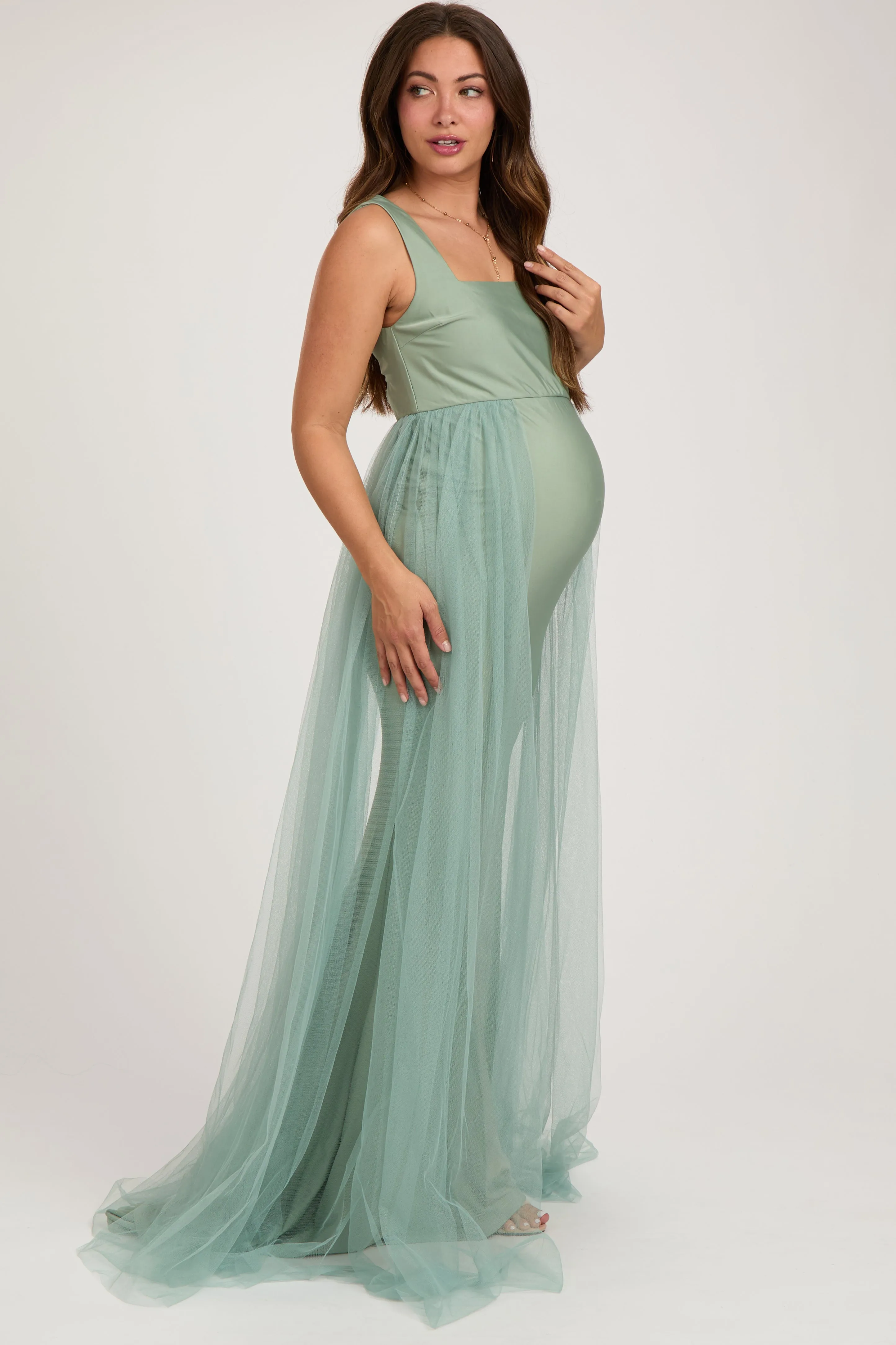 Light Olive Square Neck Tulle Maternity Maxi Dress sold by Pinkblush product image thumbnail 2