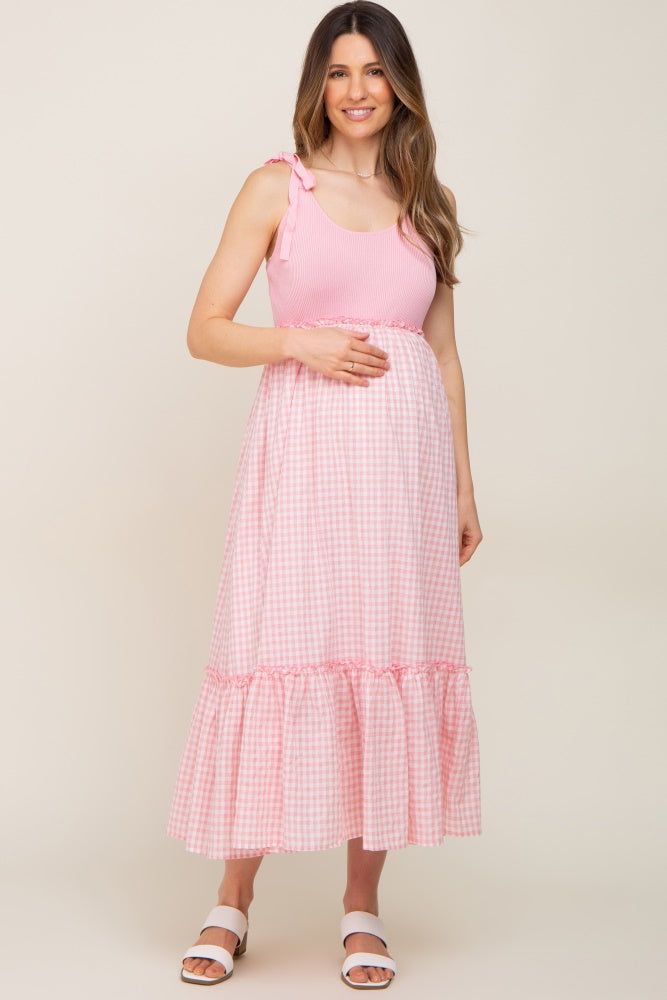Pink Gingham Colorblock Maternity Dress sold by Pinkblush