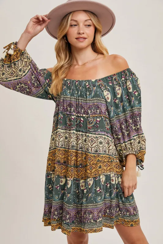 Gold Green Paisley Print Boho Off Shoulder Dress sold by Pinkblush