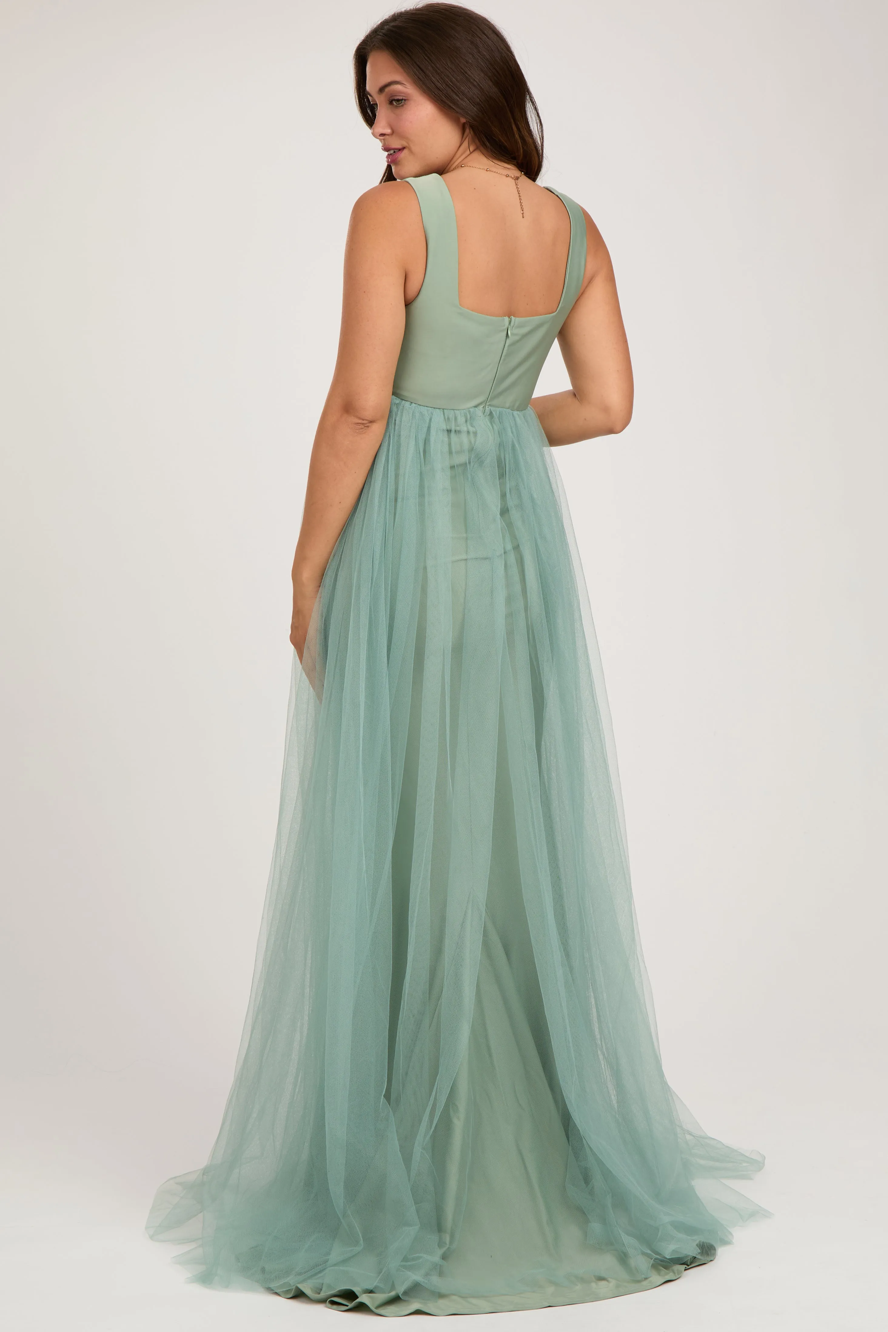 Light Olive Square Neck Tulle Maternity Maxi Dress sold by Pinkblush product image thumbnail 3