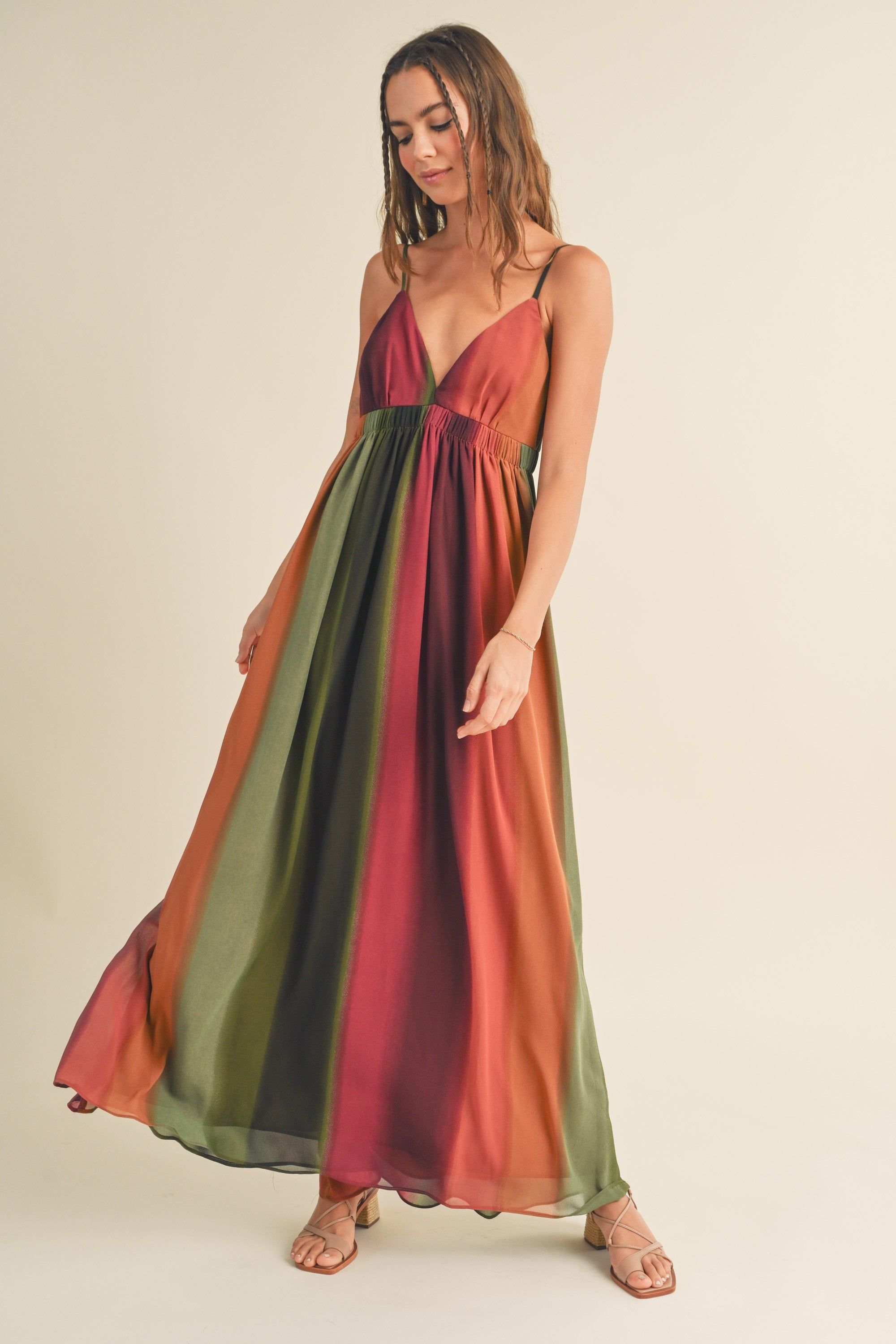 Multi-Color Ombre Chiffon V-Neck Maxi Dress sold by Pinkblush