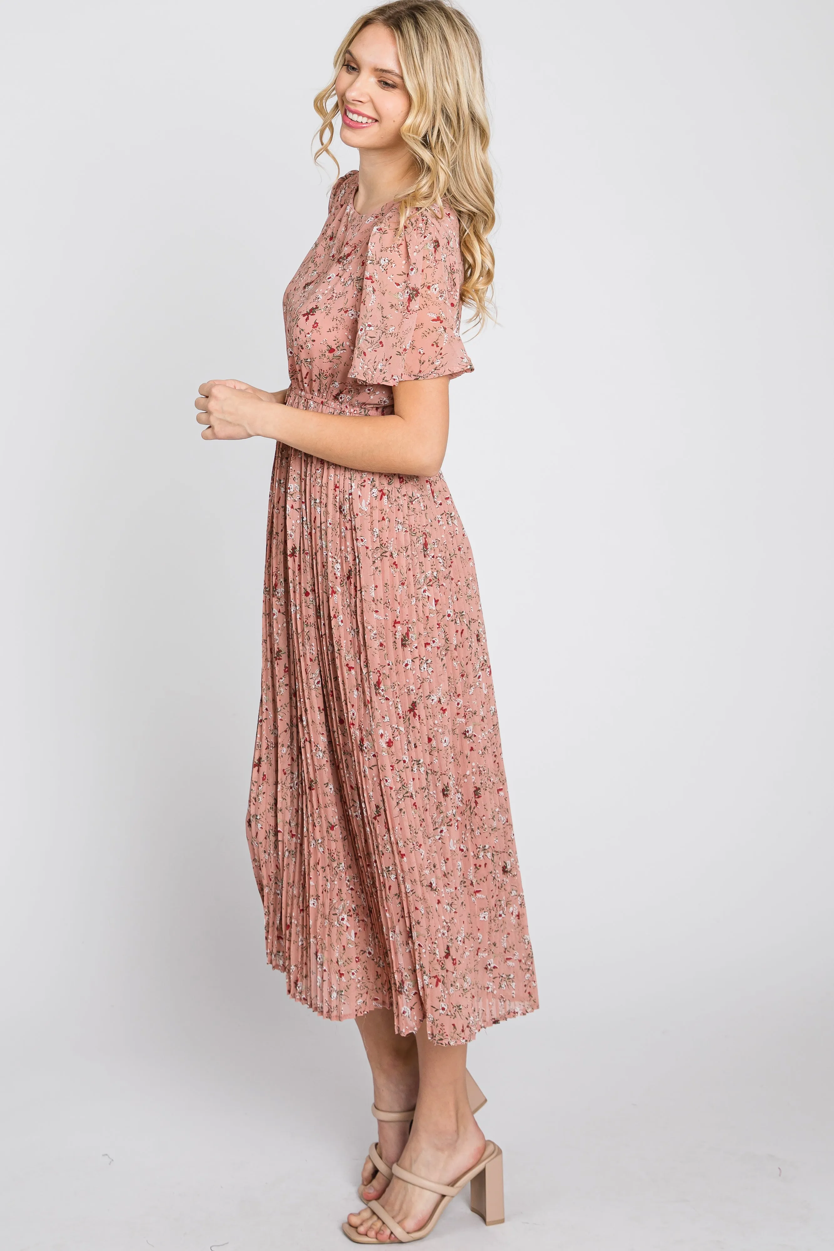 Light Pink Floral Pleated Short Sleeve Chiffon Midi Dress sold by Pinkblush product image thumbnail 4