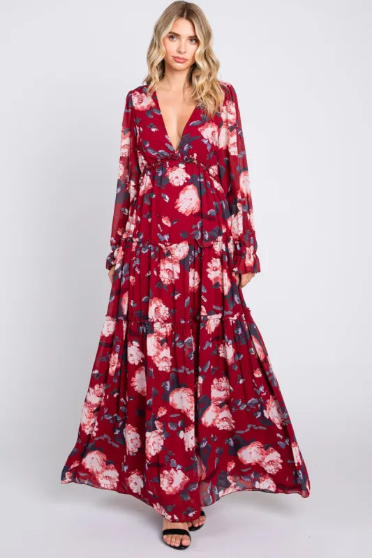 Burgundy Floral Chiffon V-Neck Lettuce Edge Tiered Maxi Dress sold by Pinkblush