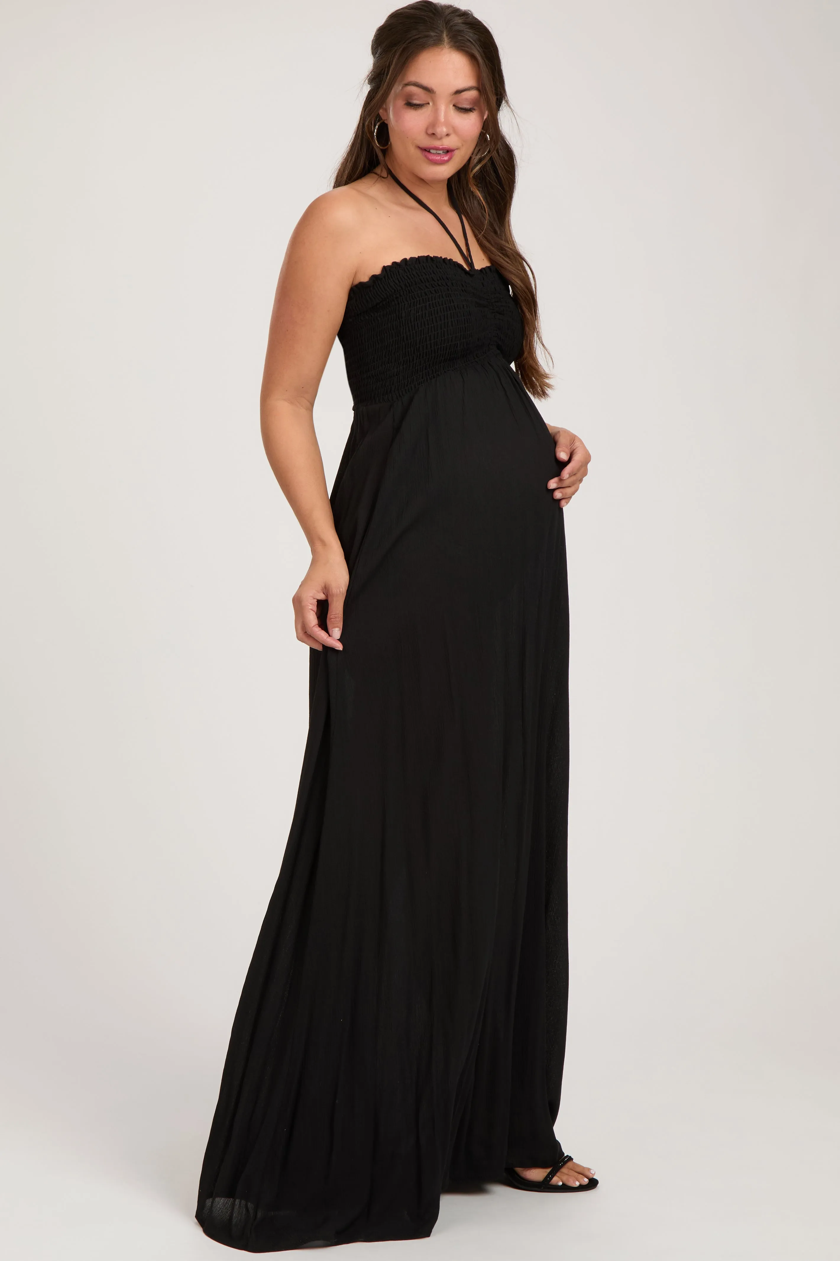 Black Smocked Halter Maternity Maxi Dress sold by Pinkblush product image thumbnail 3