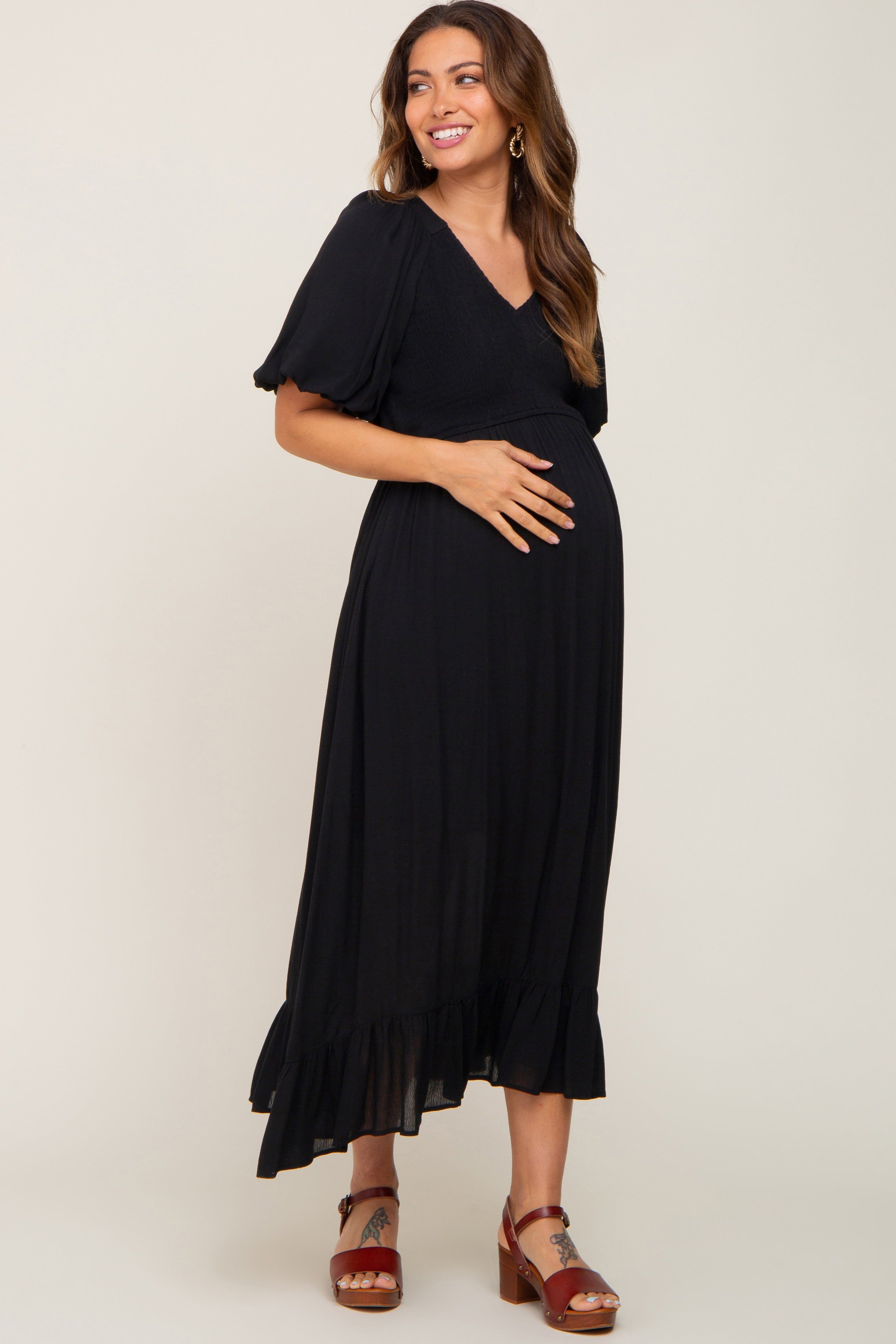 Black Smocked Puff Sleeve Maternity Midi Dress sold by Pinkblush
