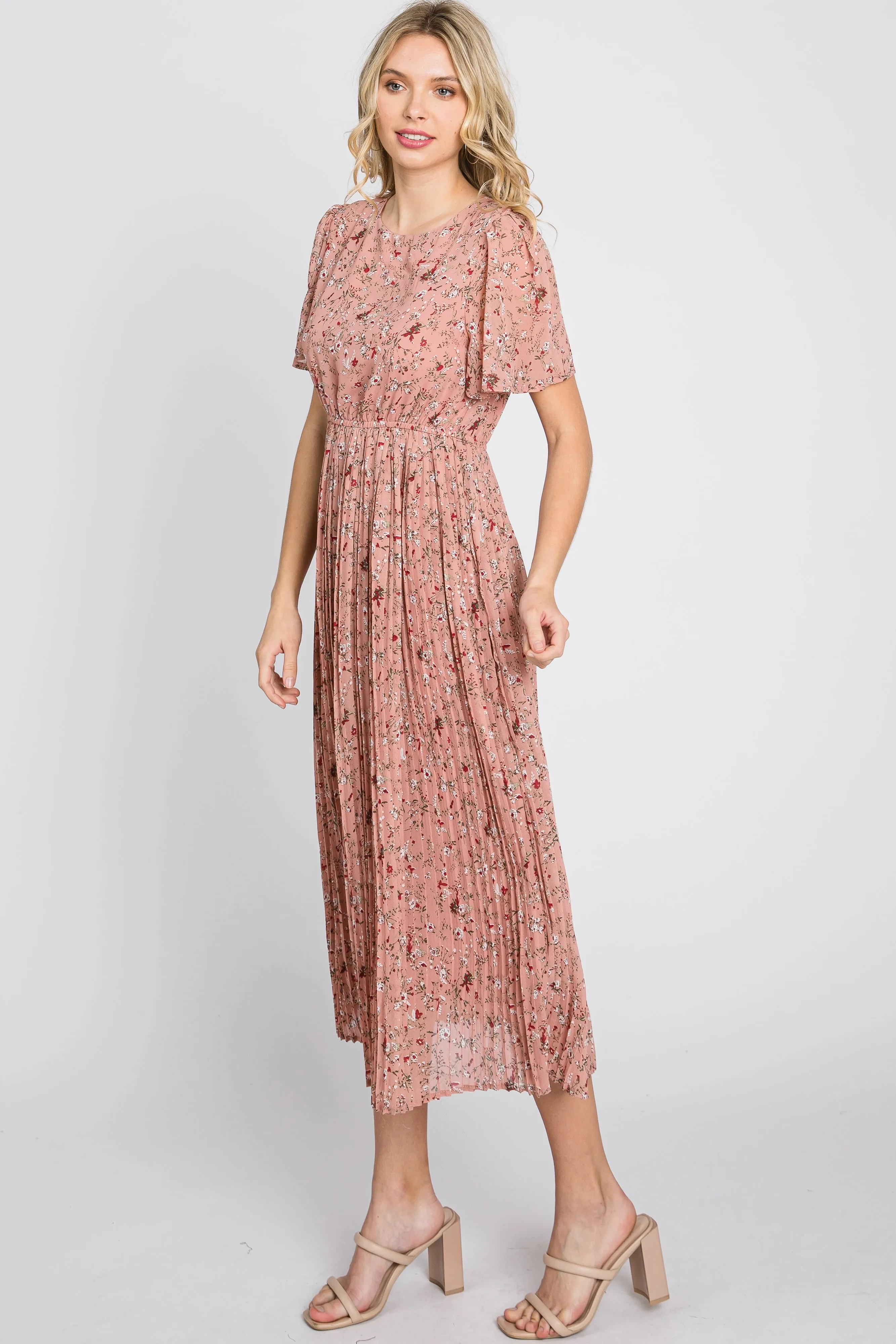 Light Pink Floral Pleated Short Sleeve Chiffon Midi Dress sold by Pinkblush product image thumbnail 5