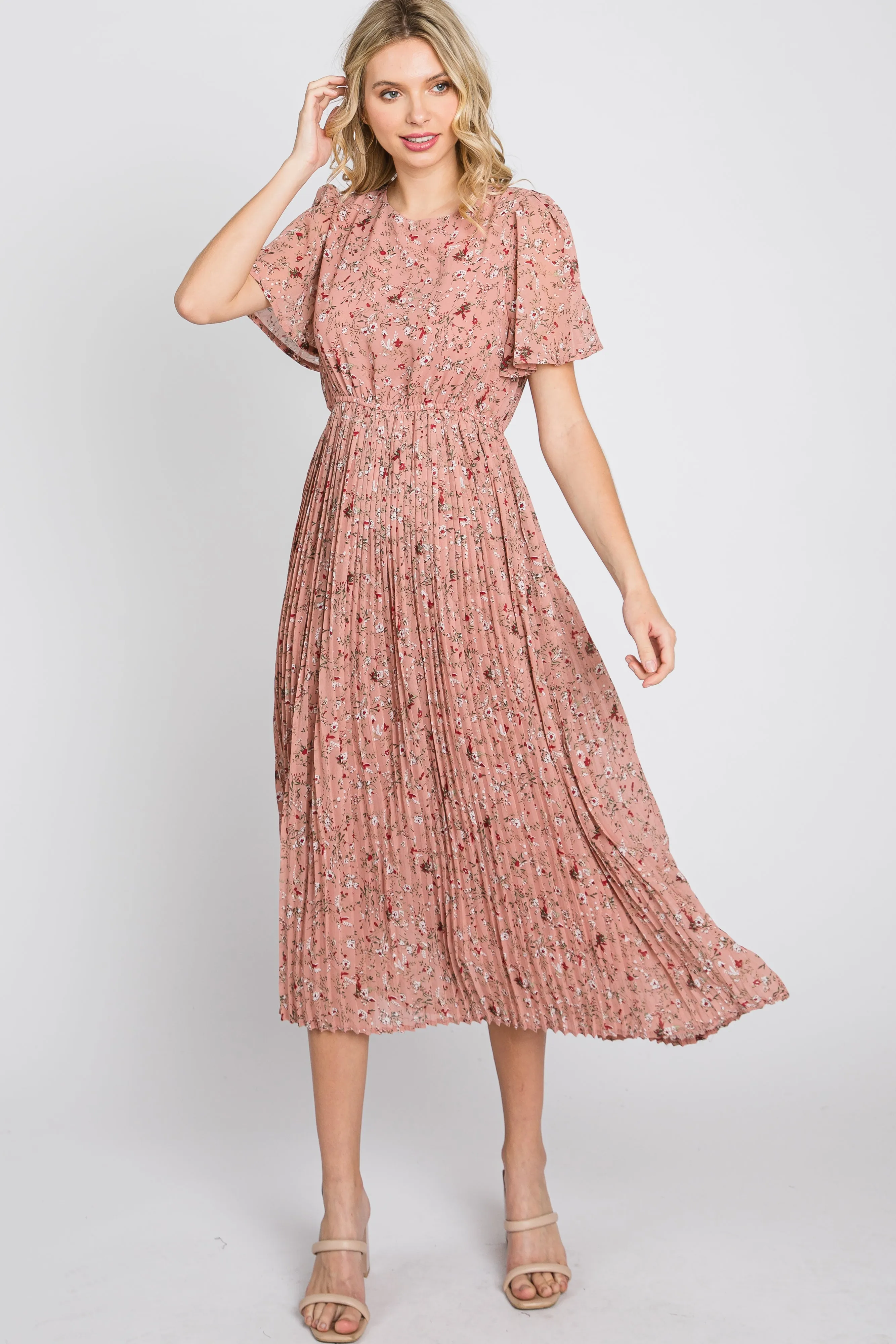 Light Pink Floral Pleated Short Sleeve Chiffon Midi Dress sold by Pinkblush