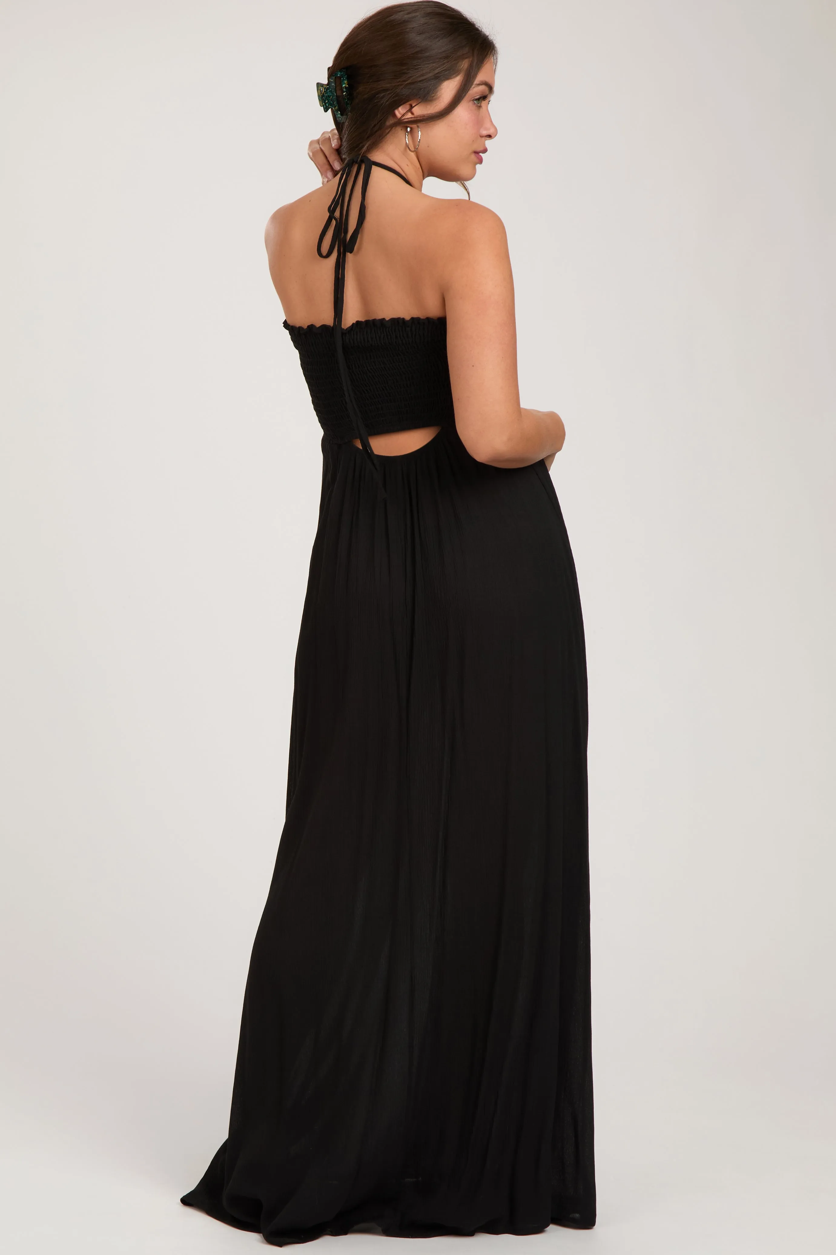 Black Smocked Halter Maternity Maxi Dress sold by Pinkblush product image thumbnail 4
