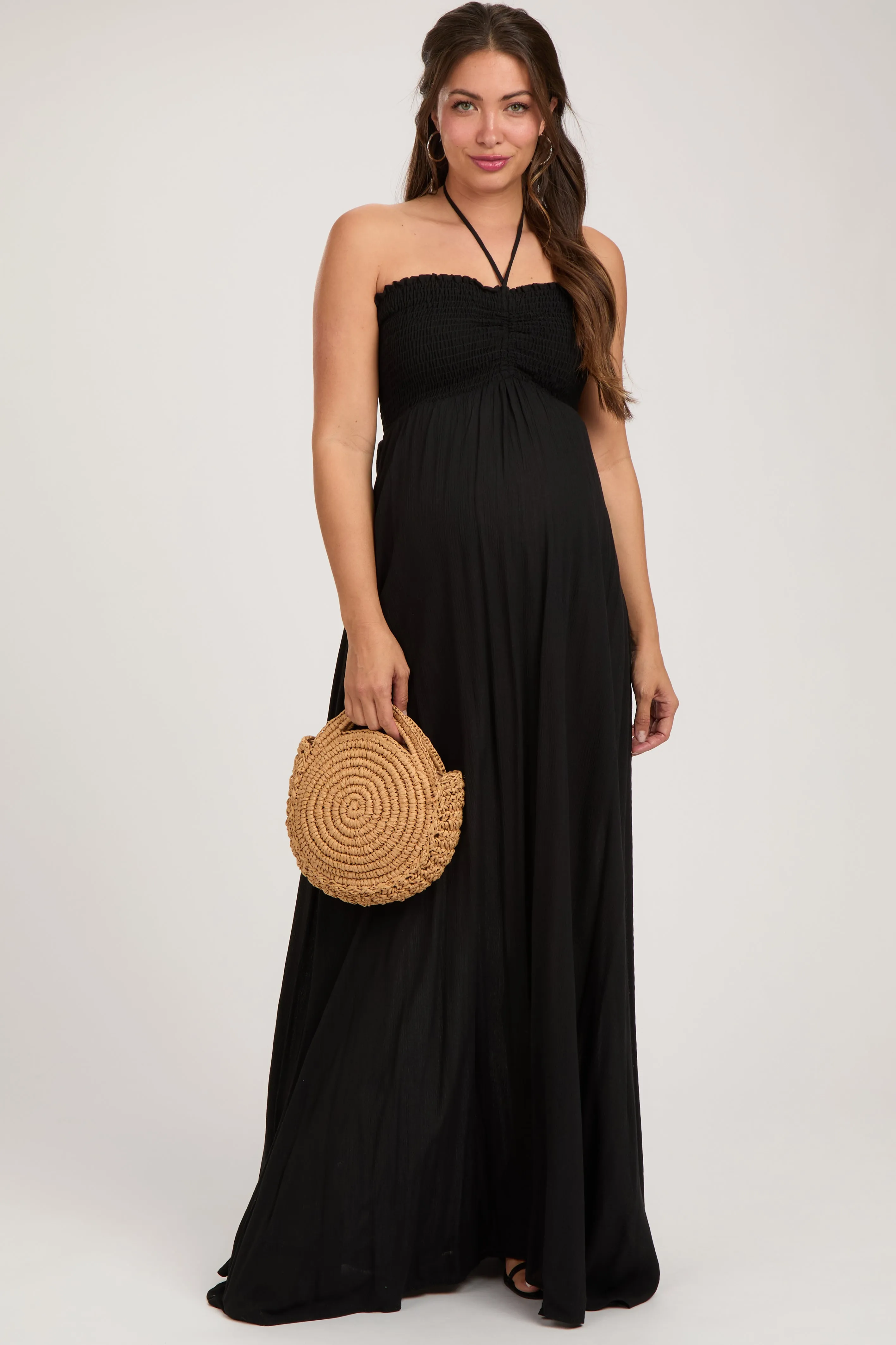 Black Smocked Halter Maternity Maxi Dress sold by Pinkblush