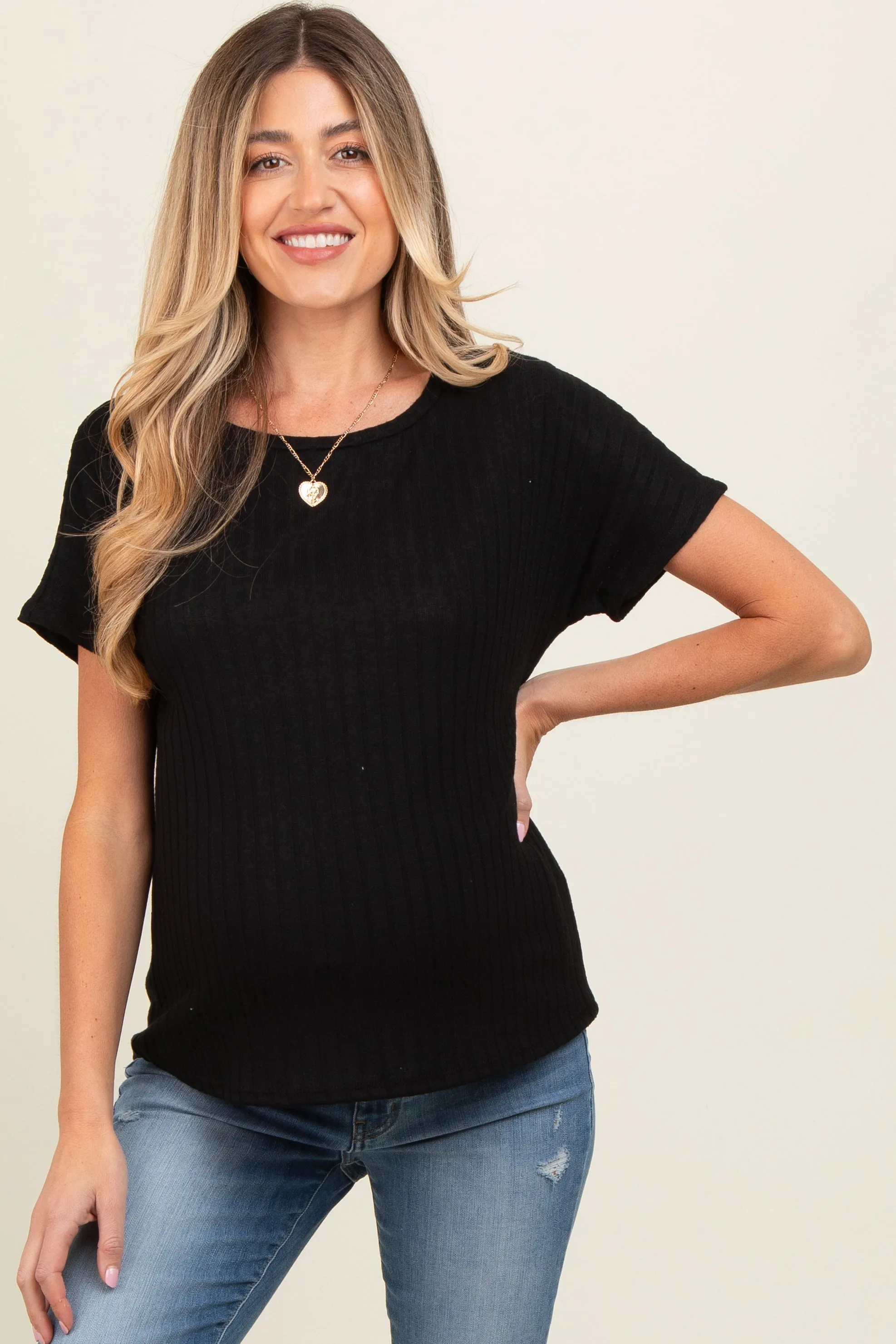 Black Knit Maternity Short Sleeve Top sold by Pinkblush product image thumbnail 2