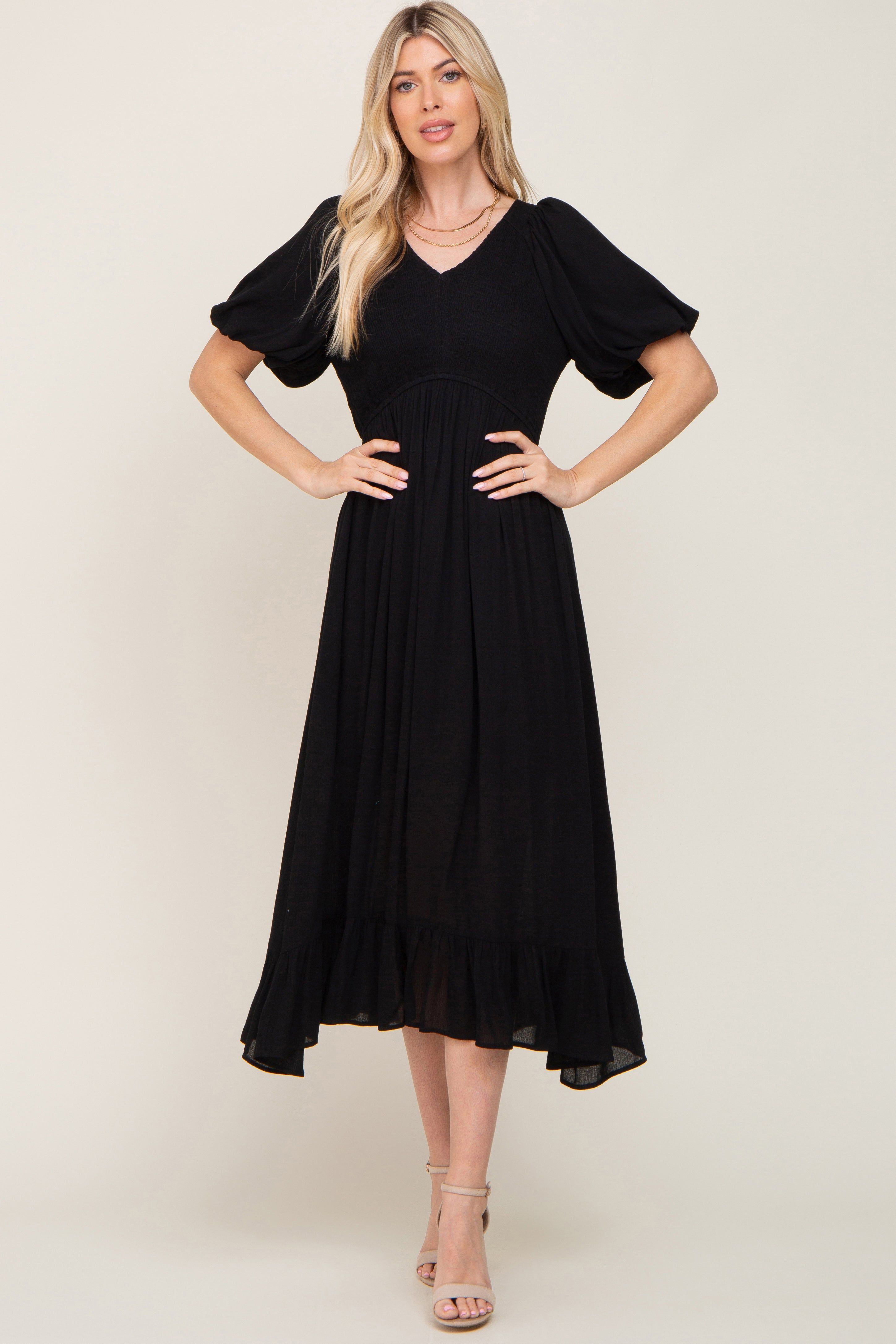 Black Smocked Puff Sleeve Maternity Midi Dress sold by Pinkblush product image thumbnail 5