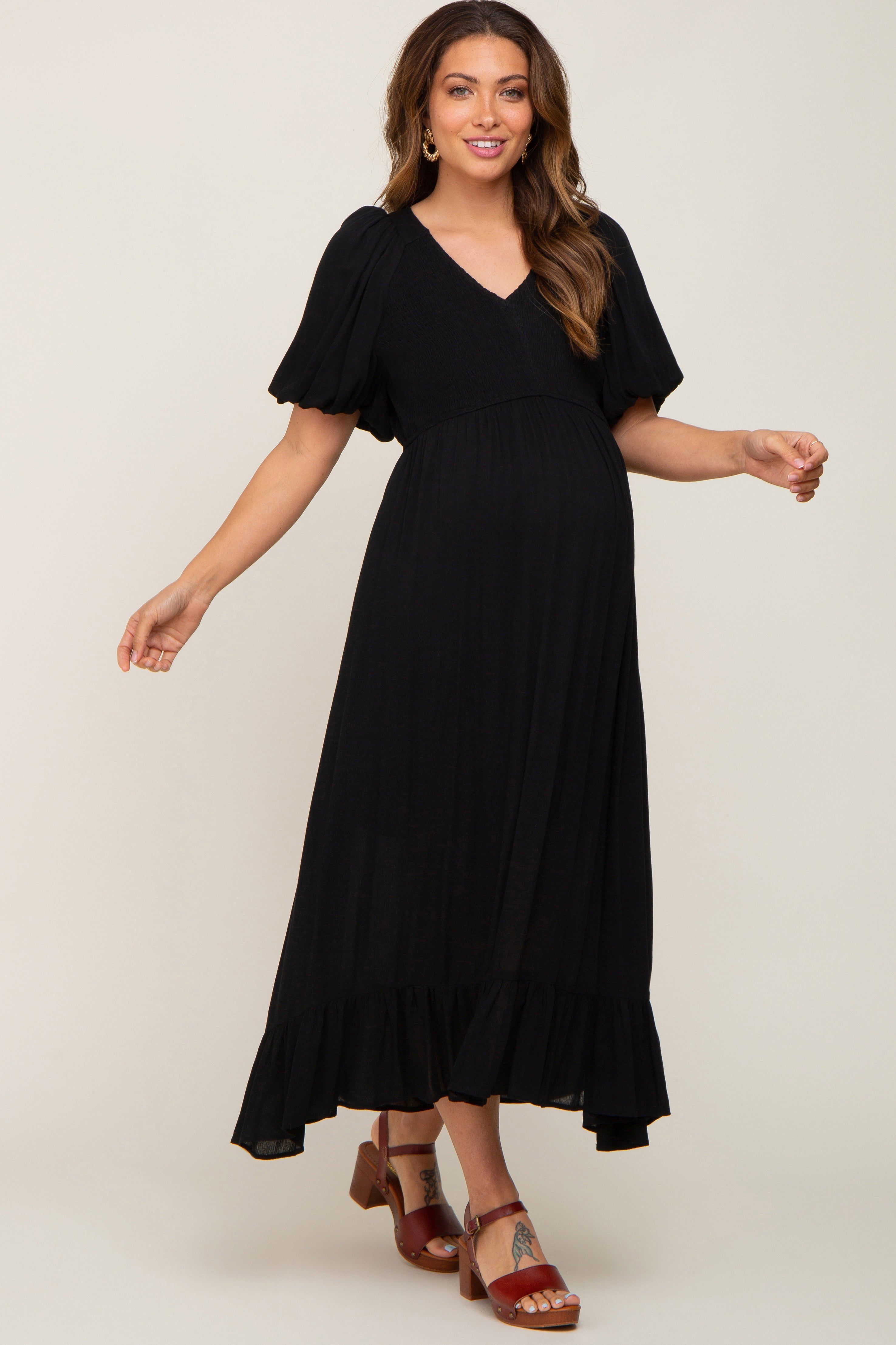 Black Smocked Puff Sleeve Maternity Midi Dress sold by Pinkblush product image thumbnail 2