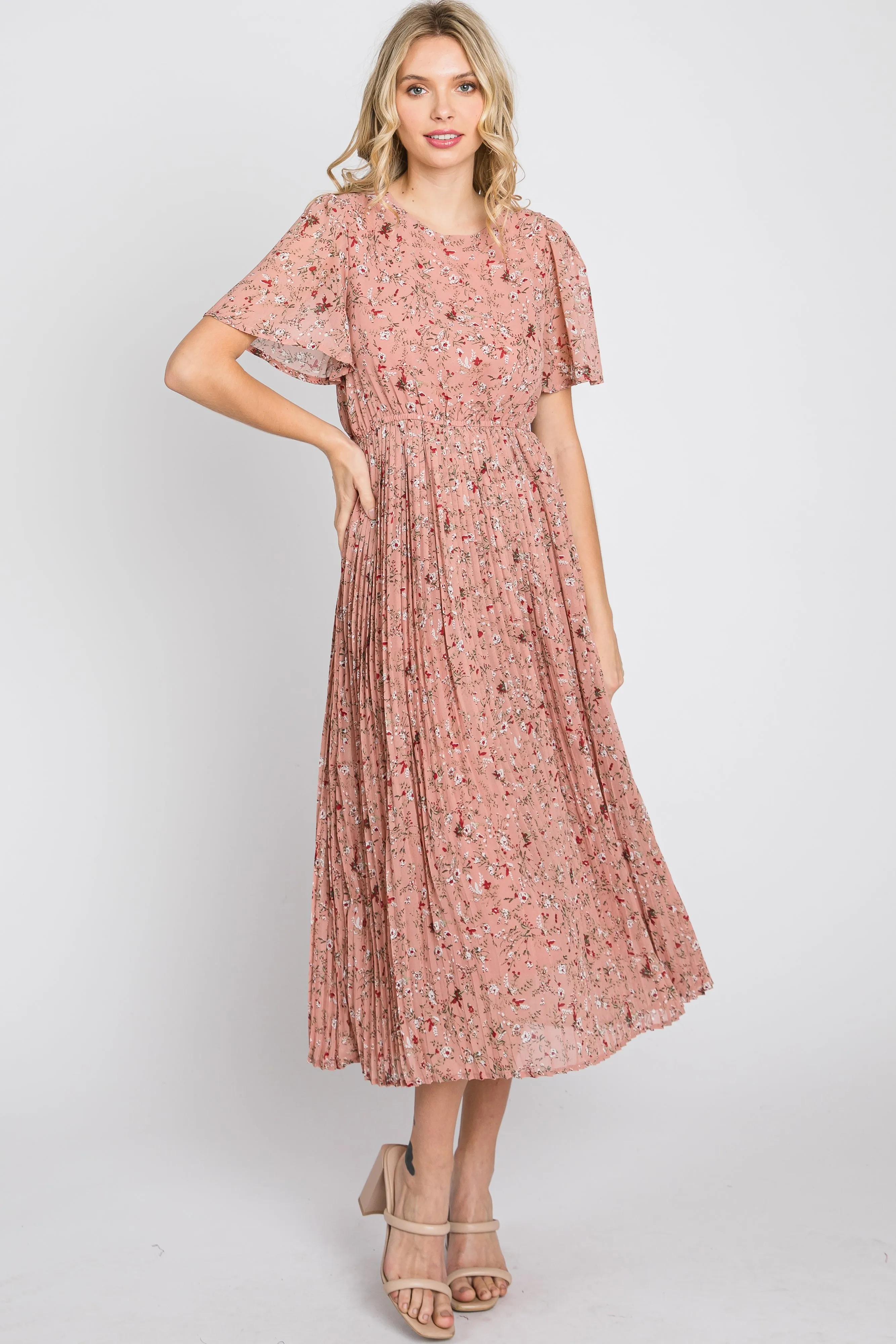 Light Pink Floral Pleated Short Sleeve Chiffon Midi Dress sold by Pinkblush product image thumbnail 3