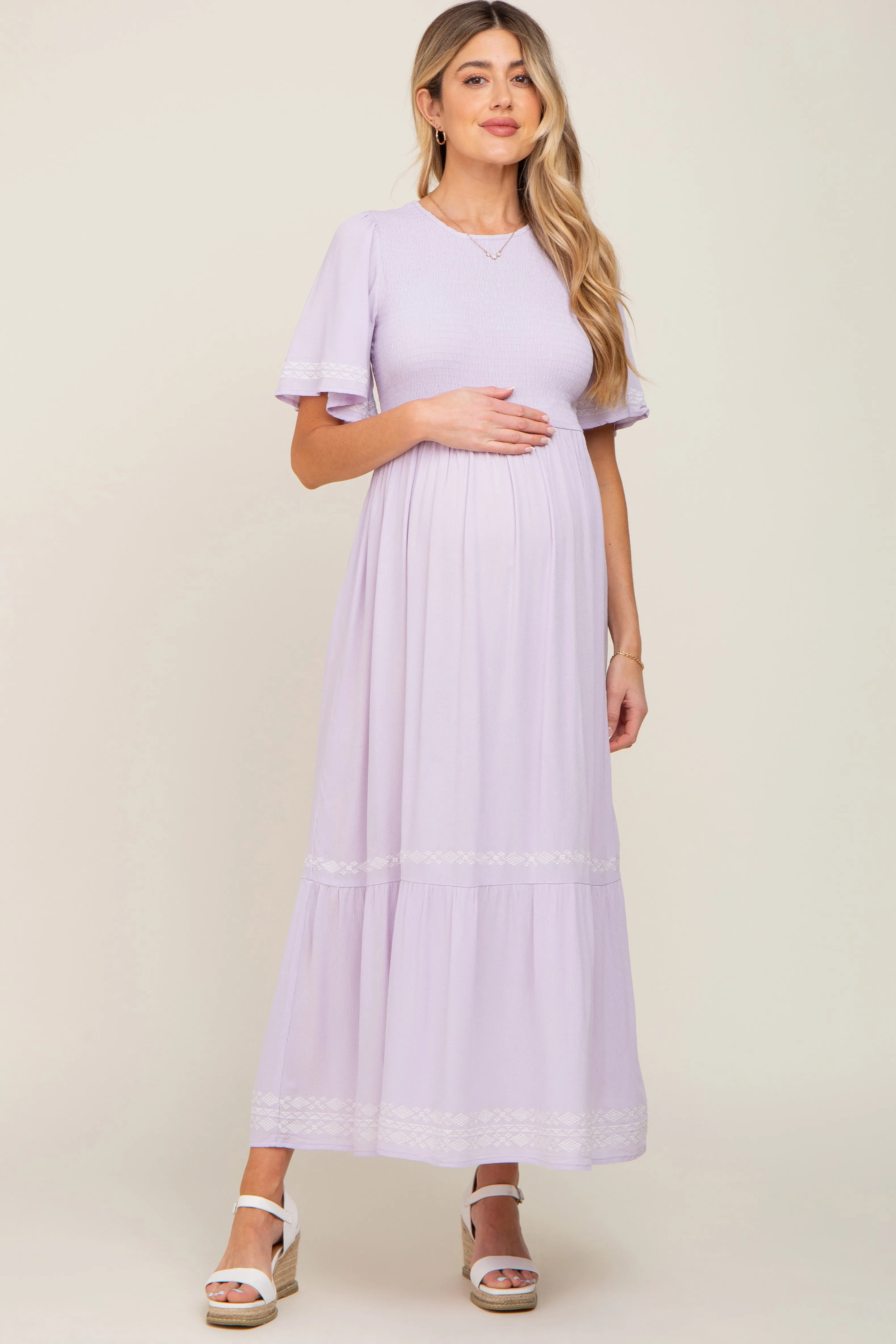 Lavender Embroidered Accent Maternity Maxi Dress sold by Pinkblush