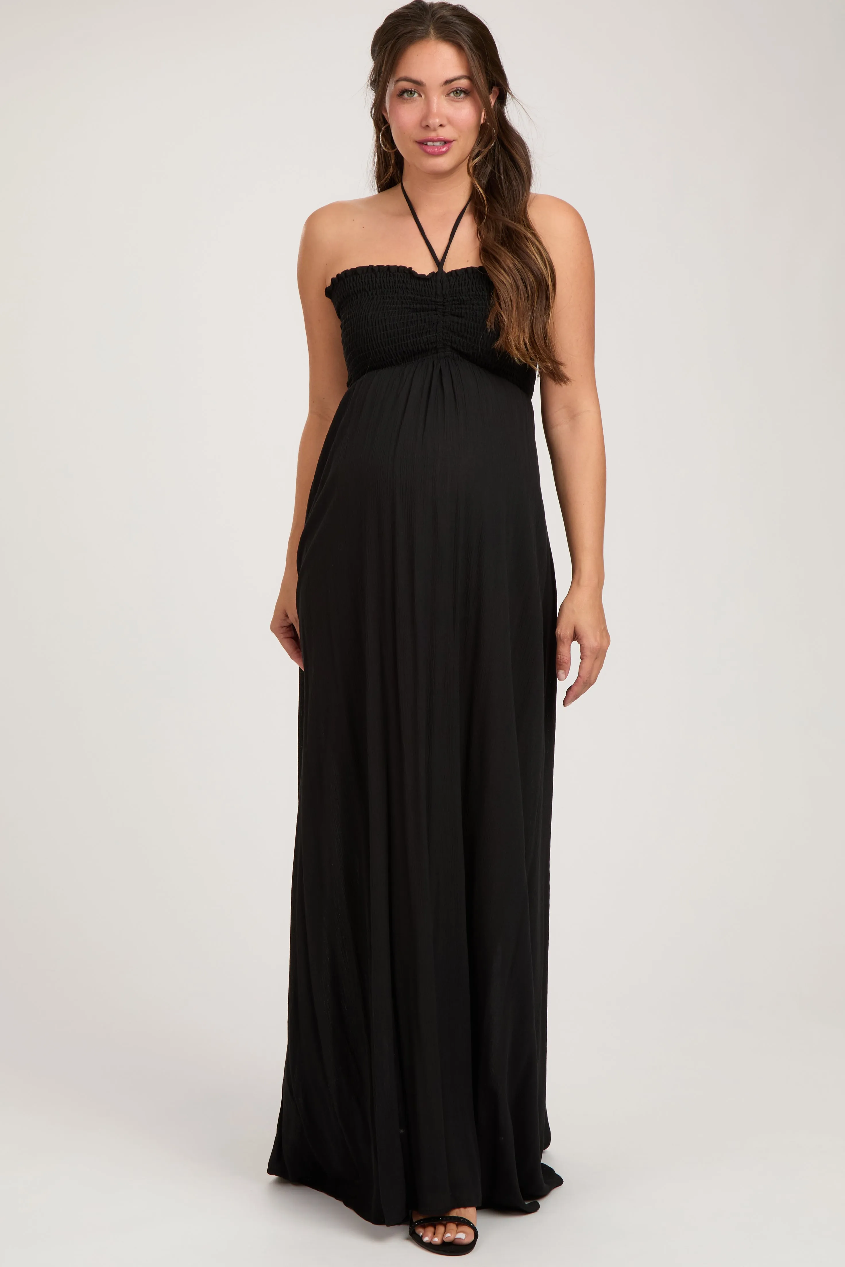 Black Smocked Halter Maternity Maxi Dress sold by Pinkblush product image thumbnail 2