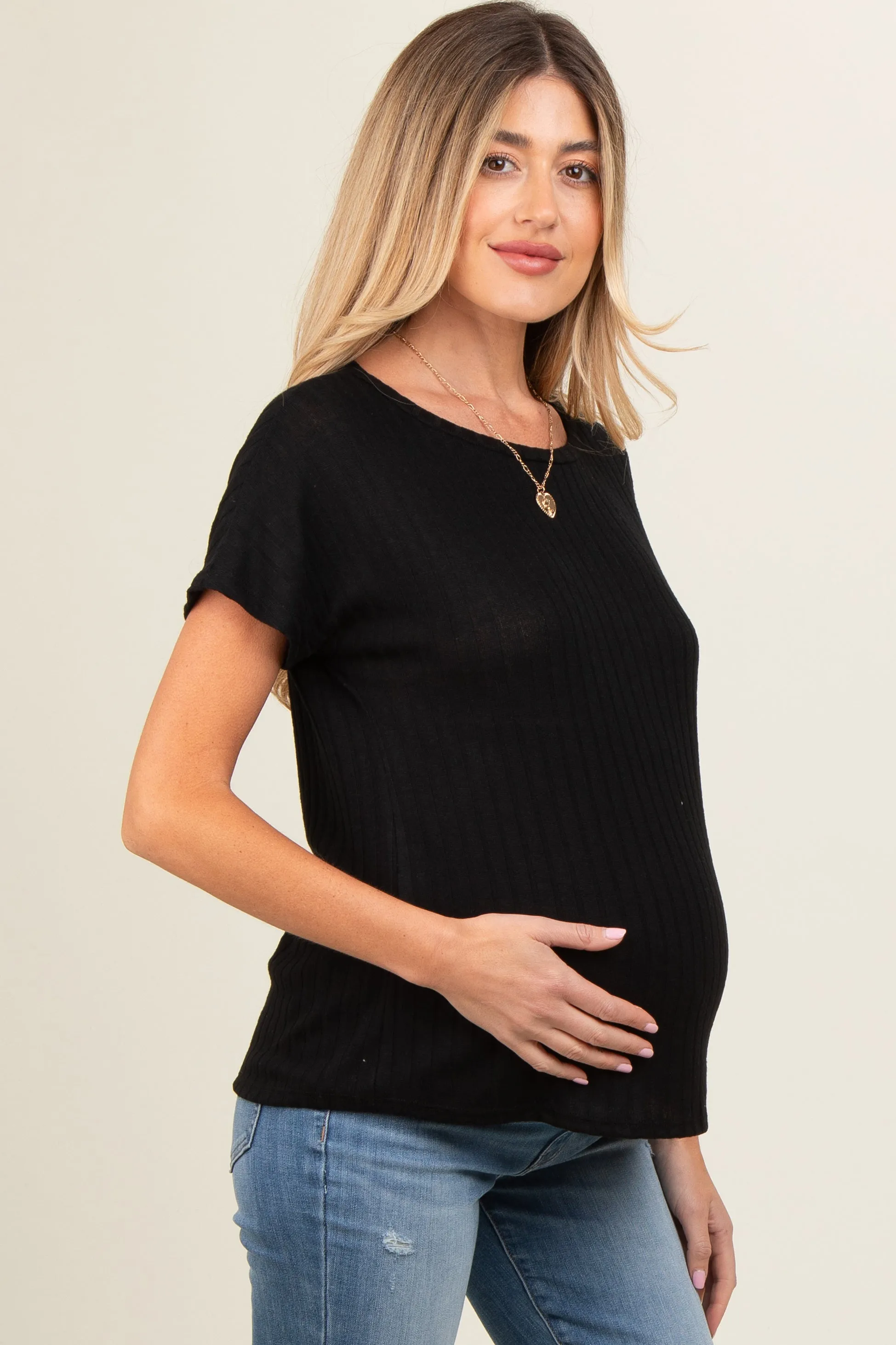 Black Knit Maternity Short Sleeve Top sold by Pinkblush product image thumbnail 3