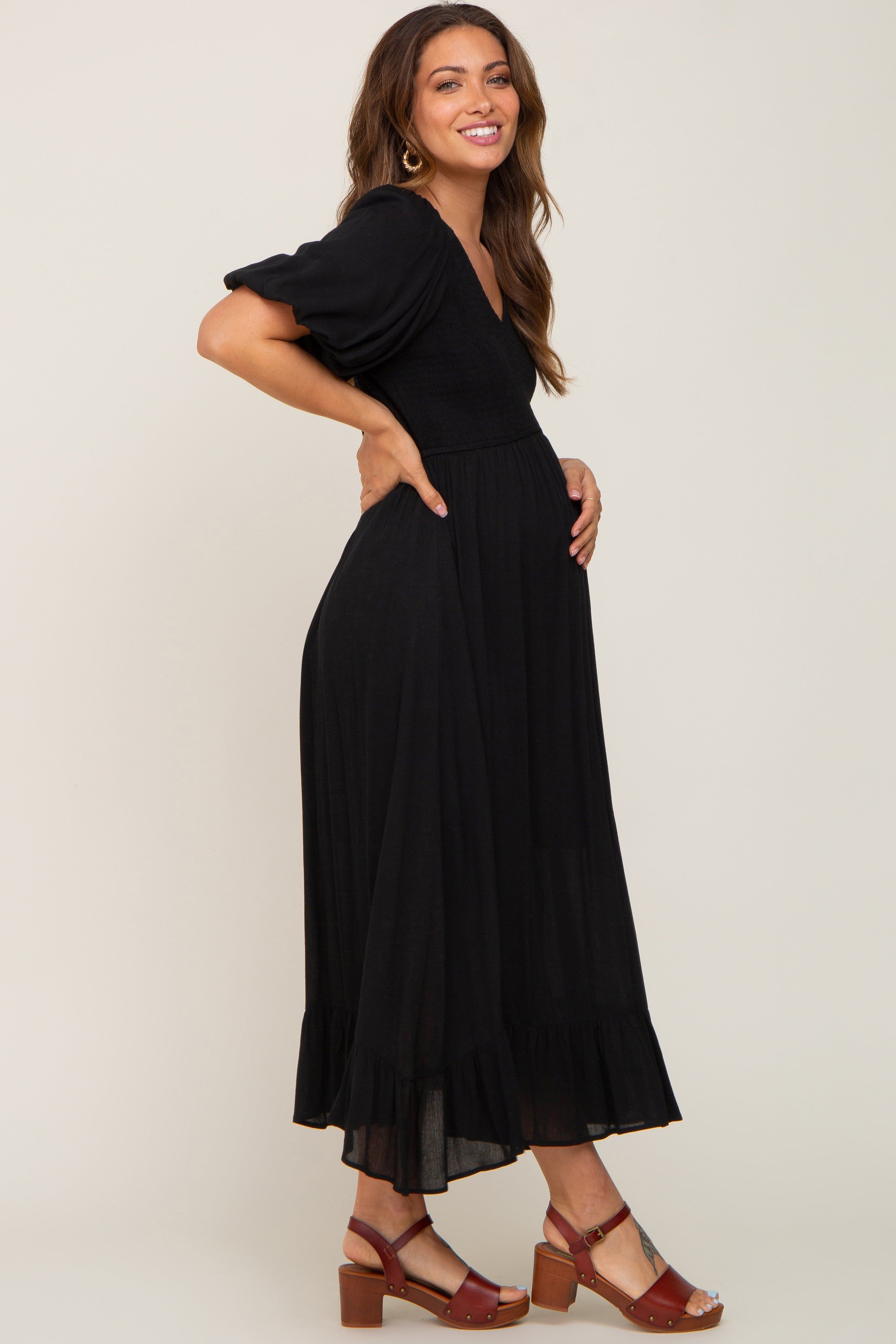 Black Smocked Puff Sleeve Maternity Midi Dress sold by Pinkblush product image thumbnail 3