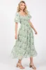 Green Floral Smocked Sweetheart Neck Short Puff Sleeve Midi Dress sold by Pinkblush