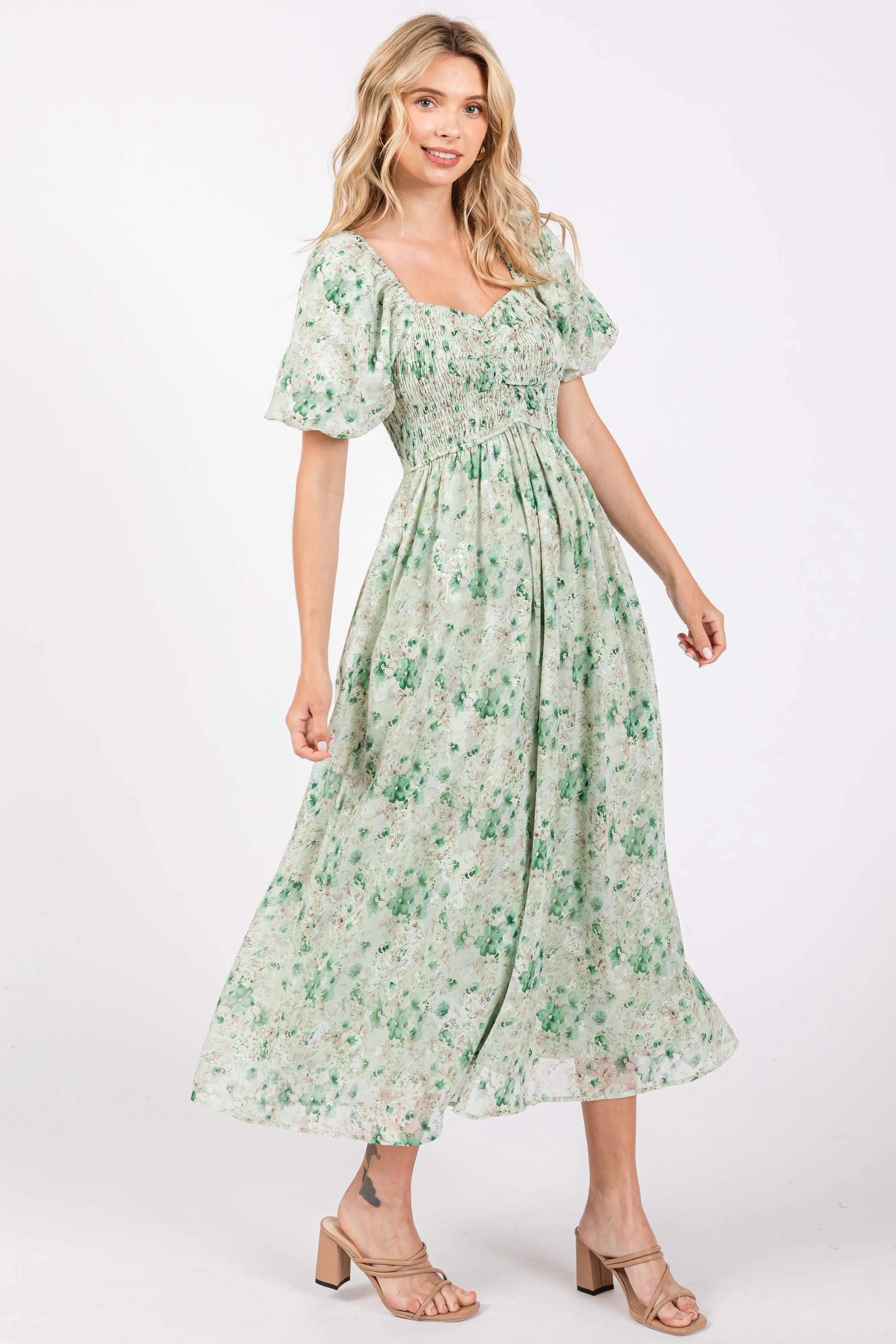 Green Floral Smocked Sweetheart Neck Short Puff Sleeve Midi Dress sold by Pinkblush product image thumbnail 2