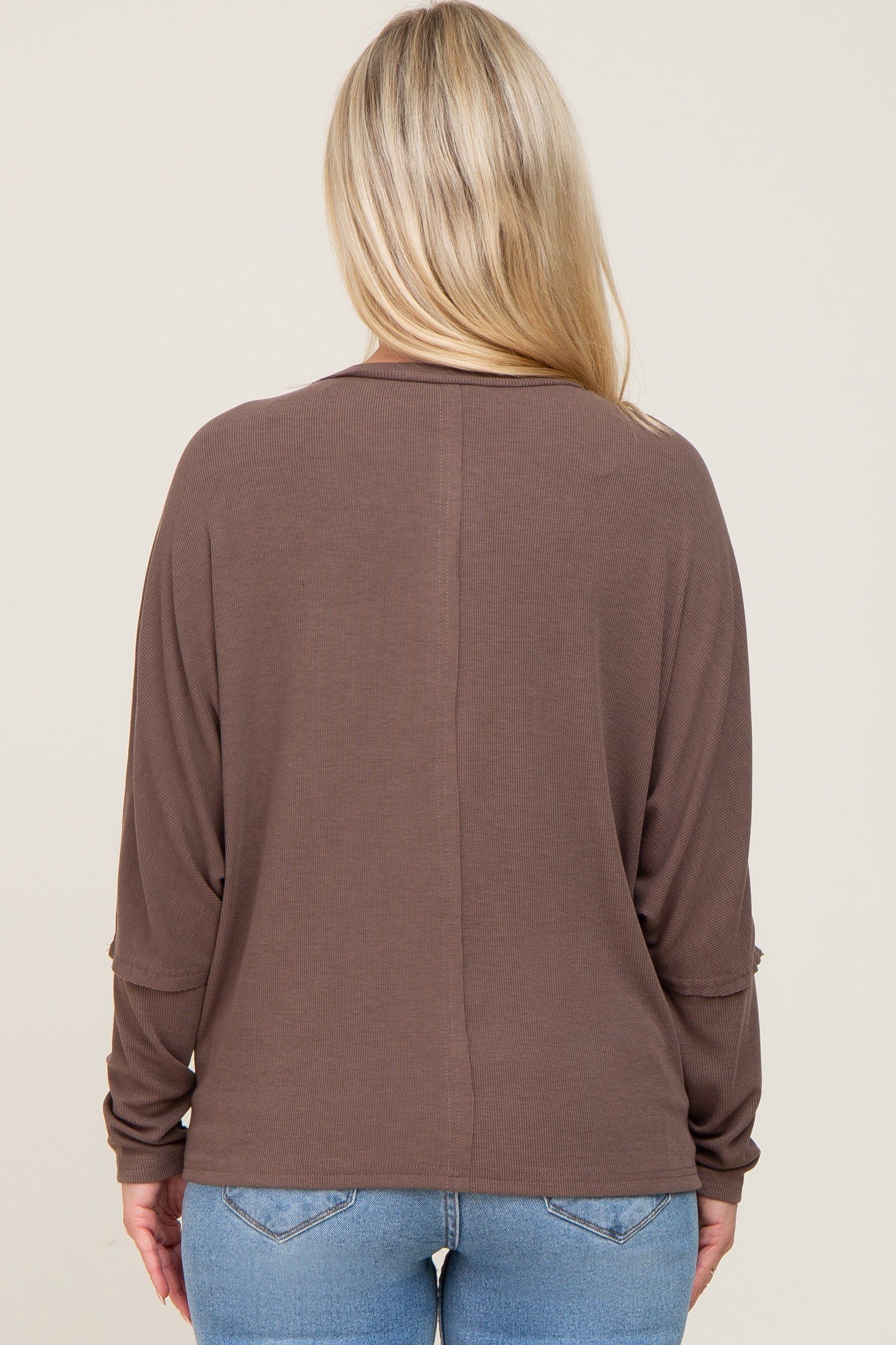 Mocha Ribbed Dolman Sleeve Maternity Henley Top sold by Pinkblush product image thumbnail 3