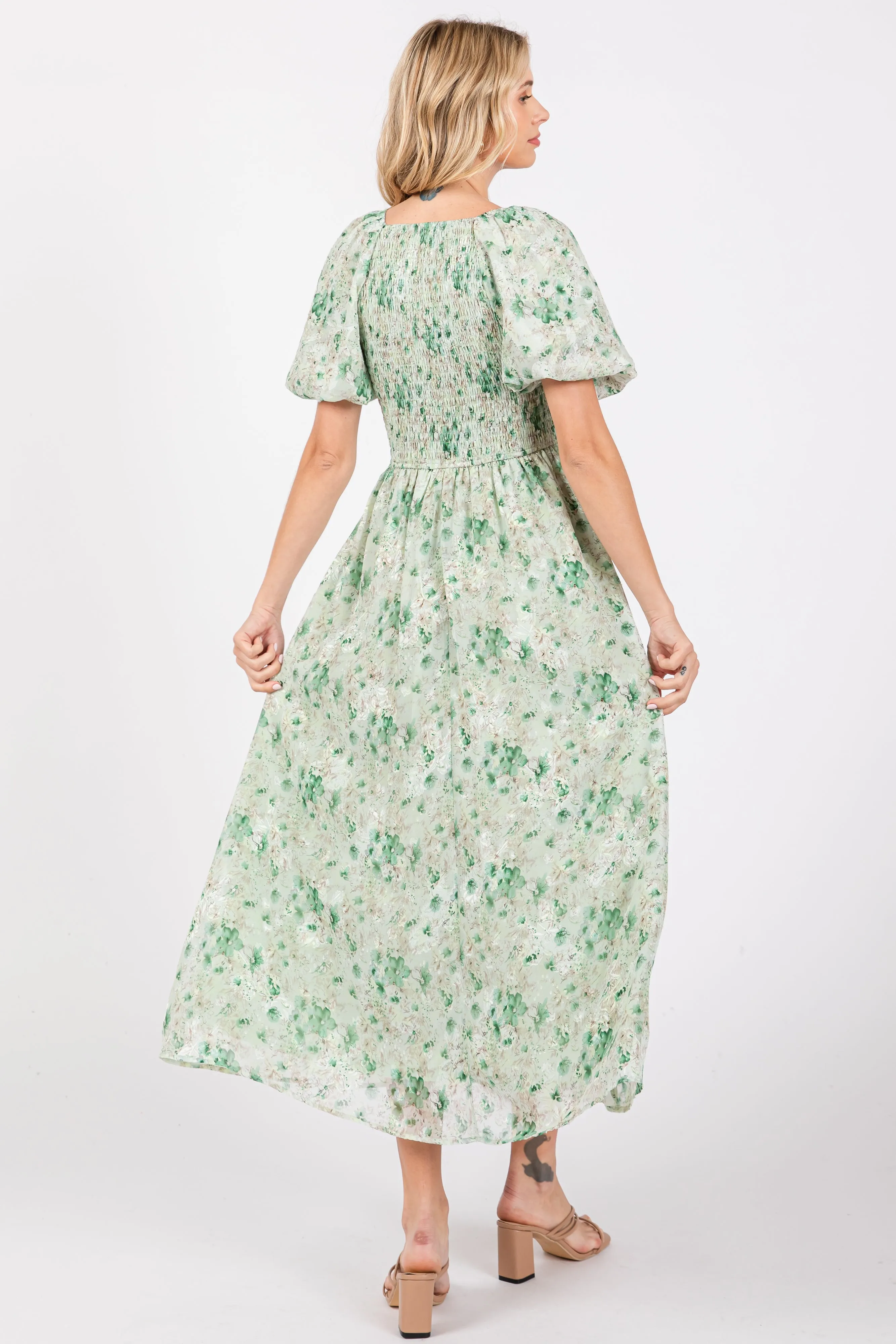 Green Floral Smocked Sweetheart Neck Short Puff Sleeve Midi Dress sold by Pinkblush product image thumbnail 3