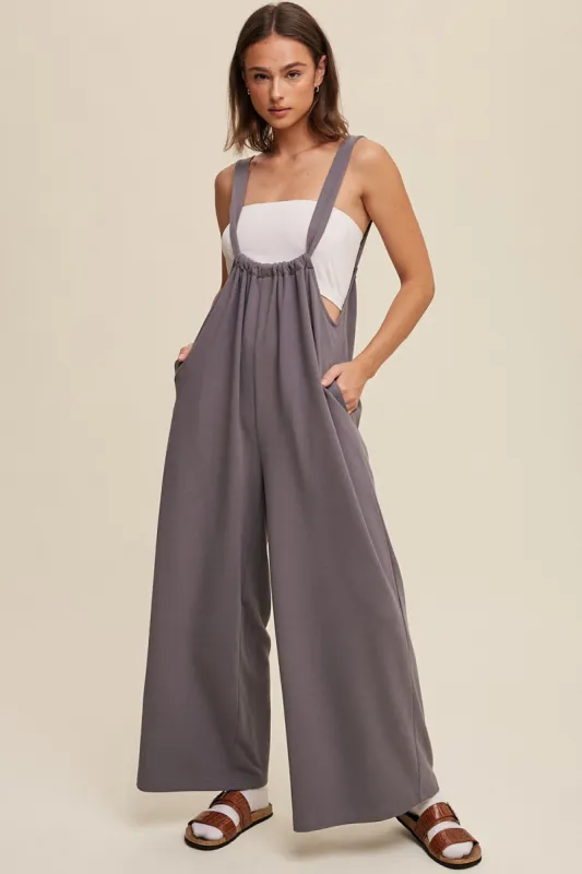 Navy Ribbed Drawstring Wide Leg Jumpsuit sold by Pinkblush