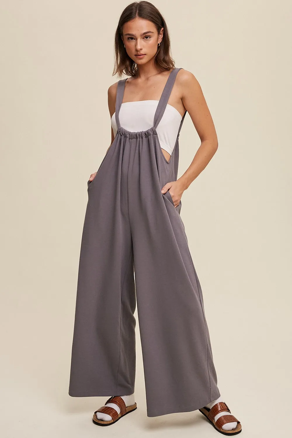 Navy Ribbed Drawstring Wide Leg Jumpsuit sold by Pinkblush