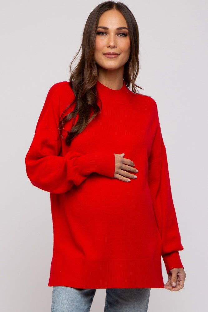Red Knit Mock Neck Maternity Long Sleeve Top sold by Pinkblush