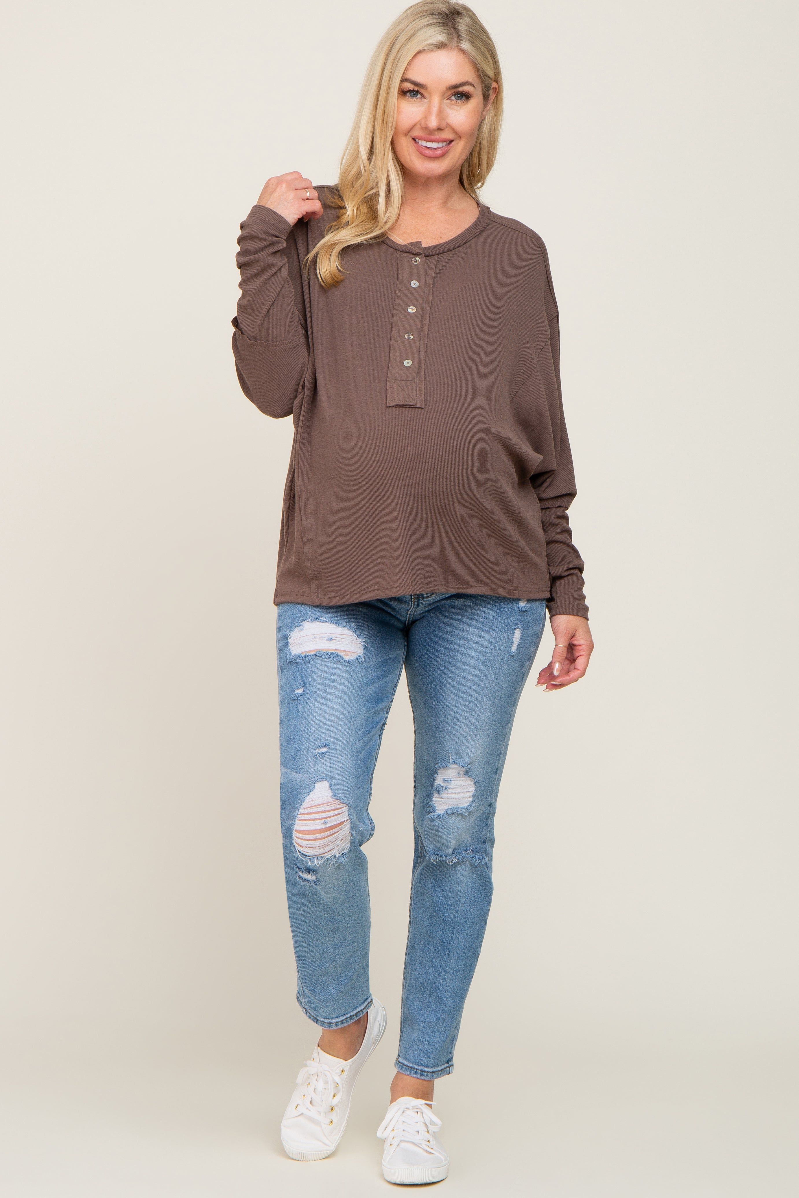 Mocha Ribbed Dolman Sleeve Maternity Henley Top sold by Pinkblush product image thumbnail 4