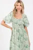 Green Floral Smocked Sweetheart Neck Short Puff Sleeve Midi Dress sold by Pinkblush