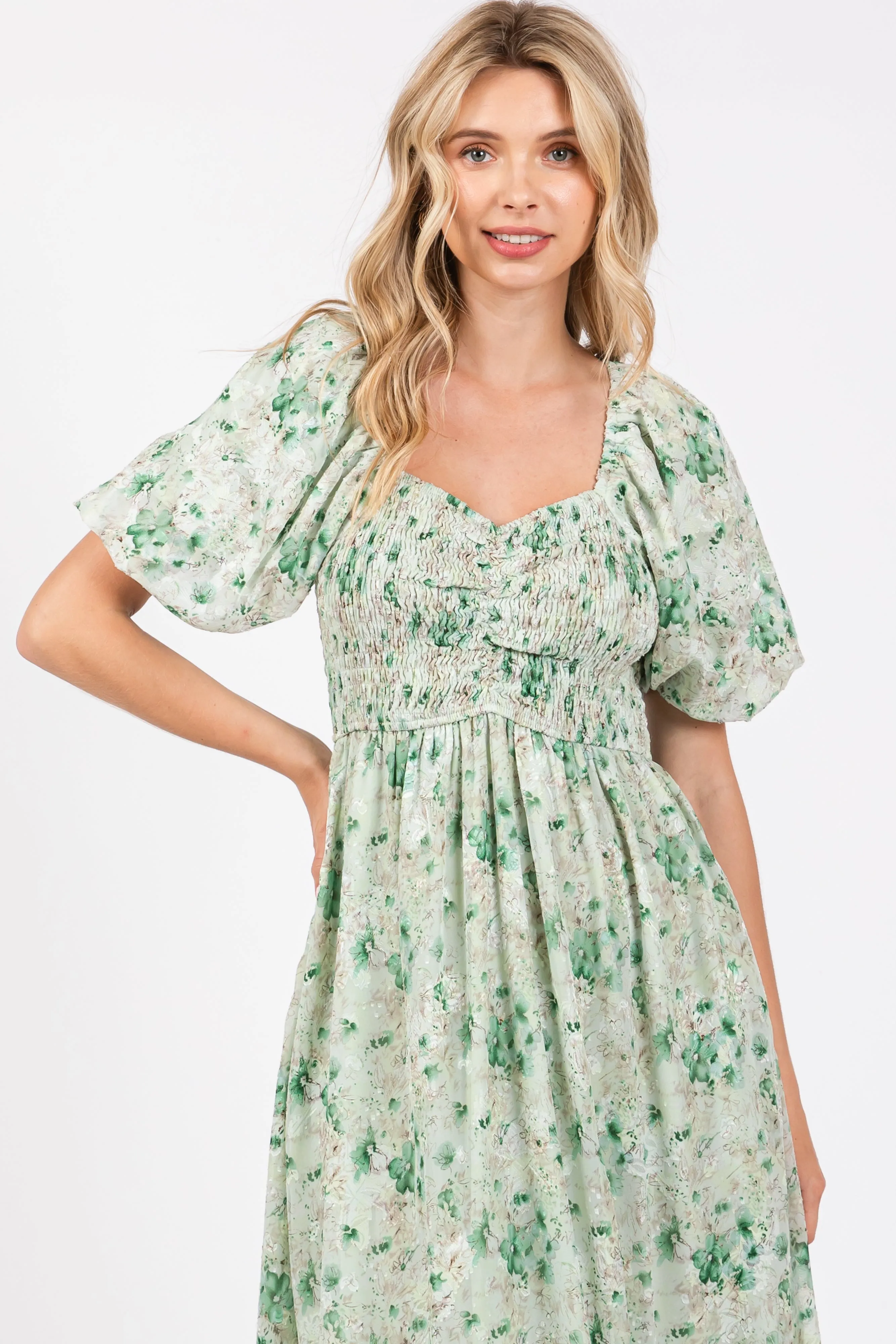 Green Floral Smocked Sweetheart Neck Short Puff Sleeve Midi Dress sold by Pinkblush product image thumbnail 4