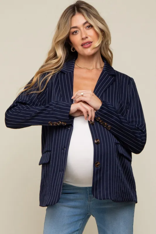 Navy Pinstripe Front Pocket Maternity Blazer sold by Pinkblush