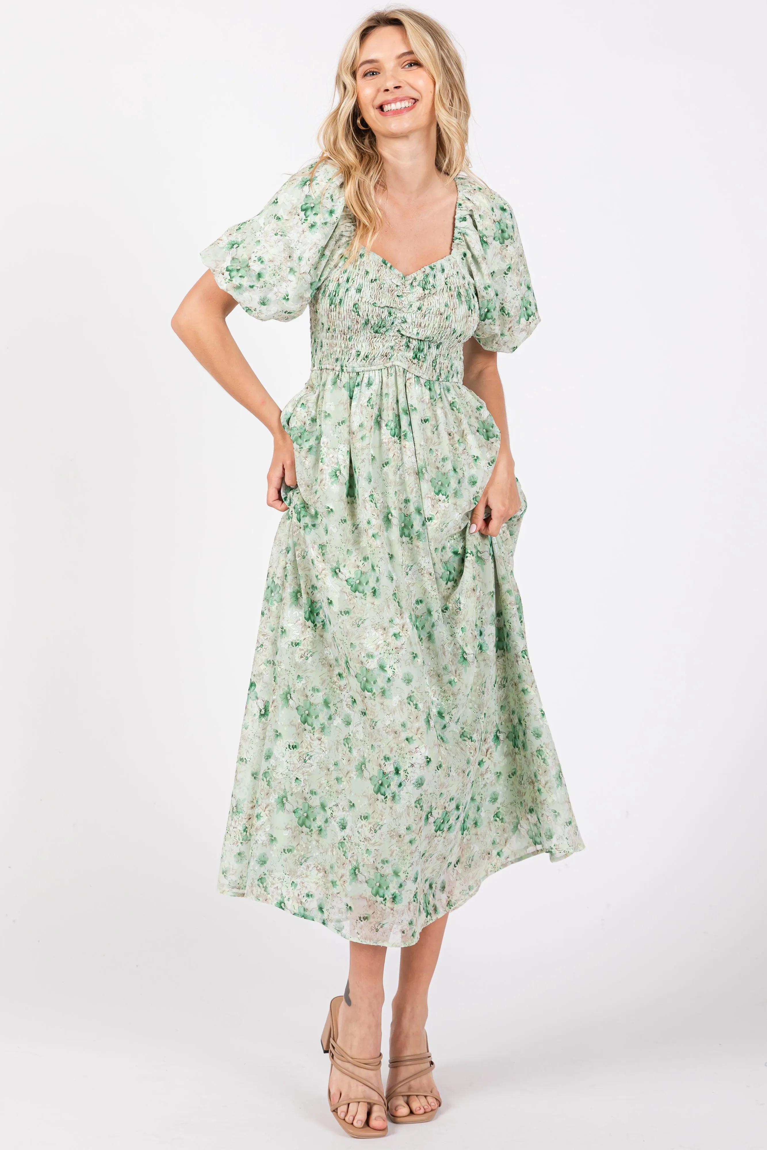 Green Floral Smocked Sweetheart Neck Short Puff Sleeve Midi Dress sold by Pinkblush
