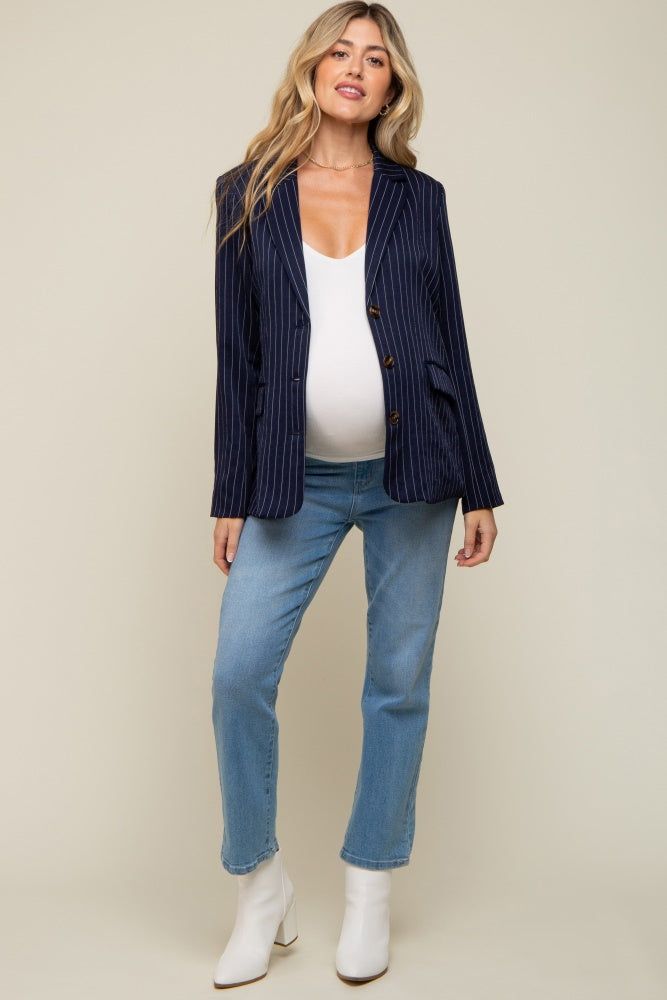 Navy Pinstripe Front Pocket Maternity Blazer sold by Pinkblush